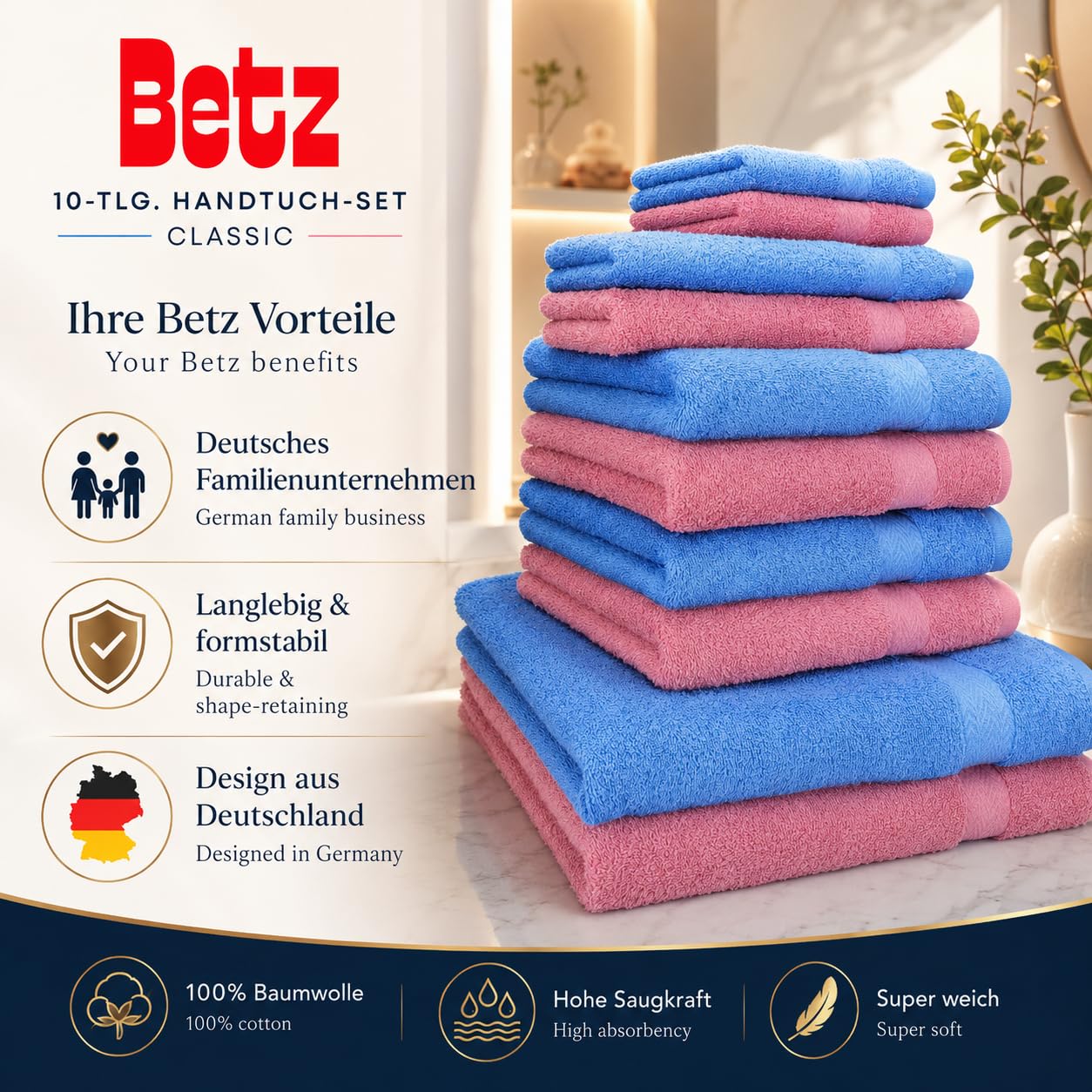 Betz 10-częściowy zestaw ręczników Classic 2 ręczniki do twarzy 30 x 30 cm 2 ręczniki dla gości 30 x 50 cm 4 ręczniki do rąk 50 x 100 cm 2 ręczniki kąpielowe 70 x 140 cm 100% bawełna kolor stary różowy i jasnoniebieski