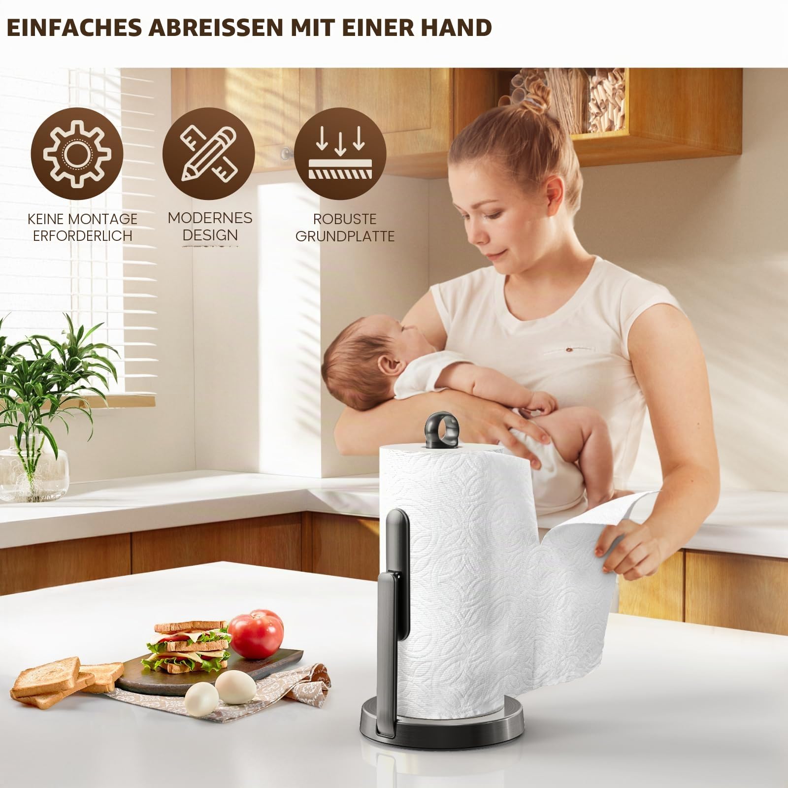 theaoo Robuster Edelstahl-Papierhandtuchhalter mit Spannarm, einfaches Einhandreißen, moderner stehender Arbeitsplattenspender für die Küche, hält alle Papierhandtuchrollen (1, Schwarz)