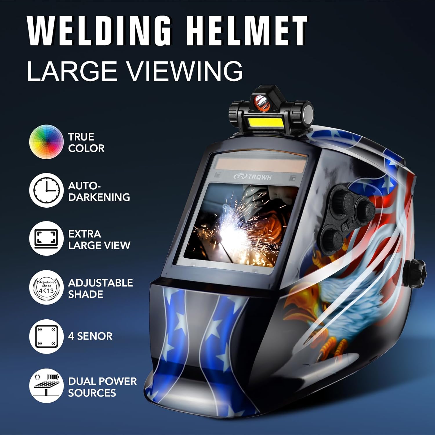 TRQWH Welding Helmet Auto Darkening Large Viewing True Color Solar Powered Welding Mask with 4 Arc Sensor Adjustable Wide Shade Range 4~5-8/9-13 Welder Mask with Grinding - Image 2