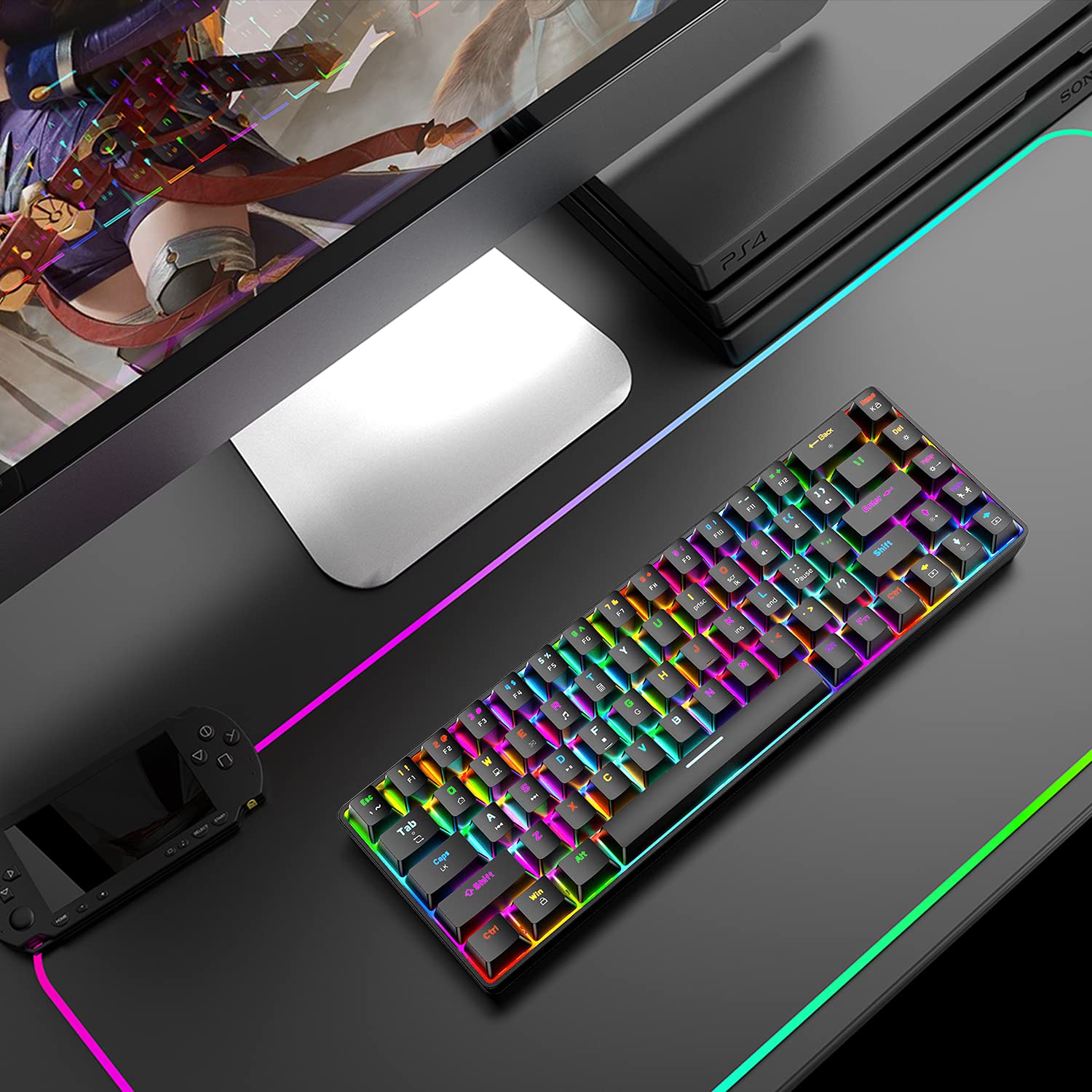T8 Teclado mecánico actualizado 60% para juegos compacto tipo C con cable 68 teclas LED retroiluminado USB teclado impermeable 18 Chroma RGB Backlight teclas anti-ghosting (interruptor marrón )