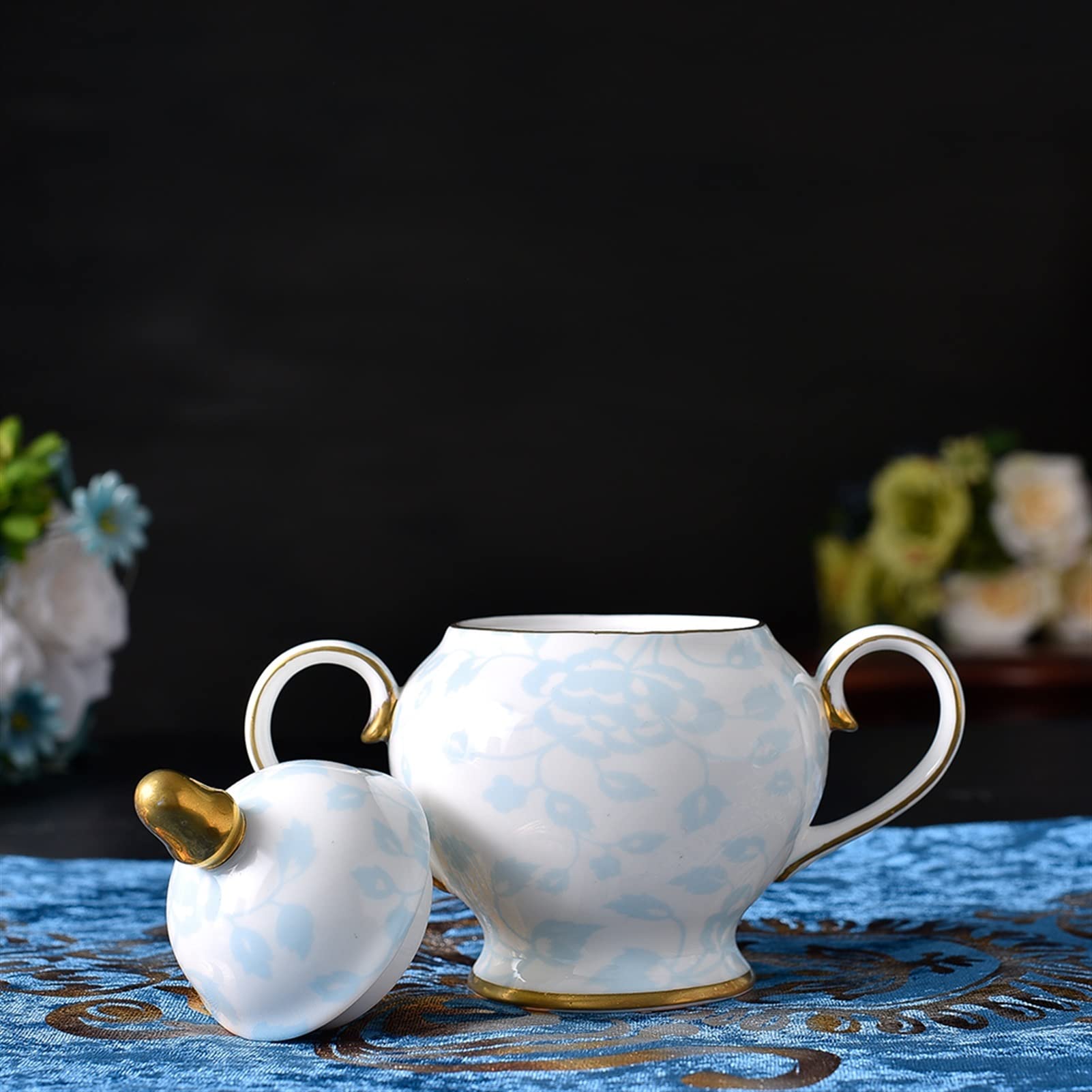 Pot de Sucre Céramique Domestique Jar à Sucre avec Couvercle Or Ligne Bleu Fleur Motif Design os Chine Bol de Sucre for Cube de Sucre Bol à Sucre