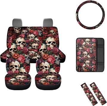 Biyejit Skull Rose Print 4 Car Seat Covers with 1 Steering Wheel Cover 1 Center Console Armrest Cover 2 SeatbeltPads, 8 Packs Universal Fits Most Cars SUV Trucks