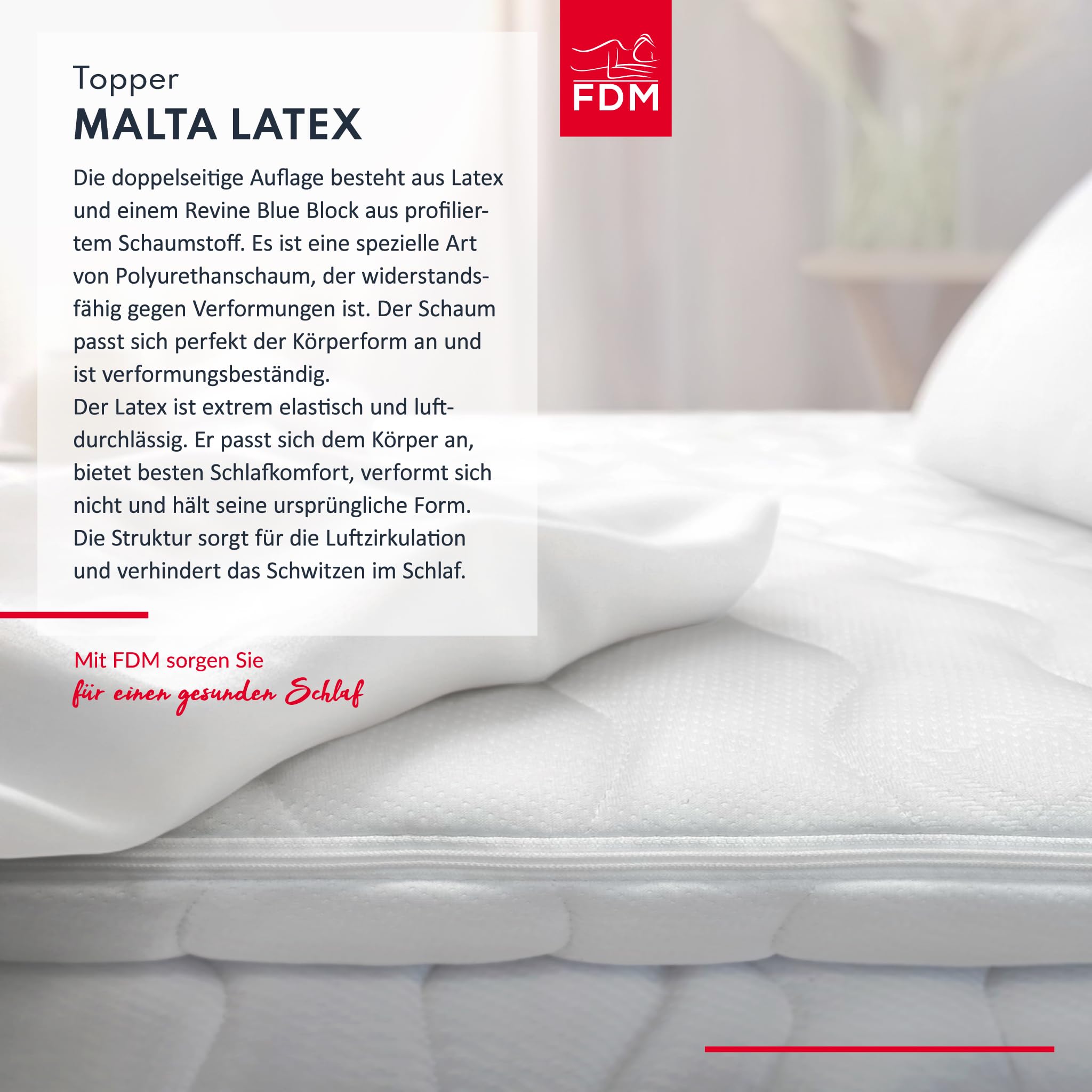 FDM Topper Malta Látex Topper 160 x 200 cm Dureza H2 H4 Altura aprox. 8 cm de espuma HR perfilada Látex para alérgicos Apto Öko-Tex