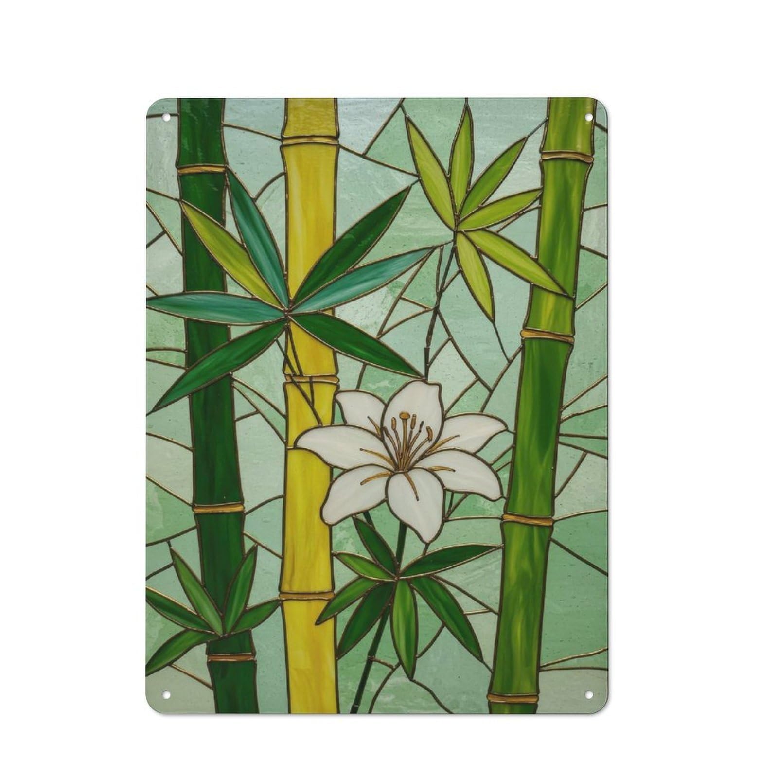 Bamboo And Lily Stained Glass Art Rustic Metal Sign 40x30cm, Barn Style Farmhouse Wall Decor for Kitchen, Cottage, Porch Or Garden Room