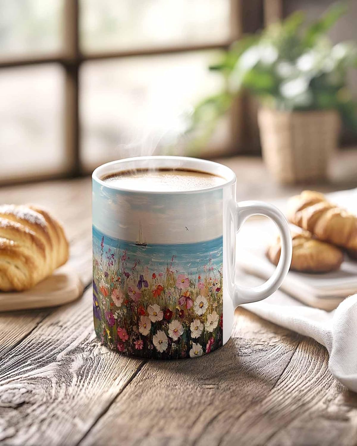 BEMIGO Ceramic Coffee Mug Flowers Ocean Ceramic Mug White Cup, Landscape Insulated Coffee Cup with Handle with Pattern Perfect for Tea and Hot Beverages, 12oz