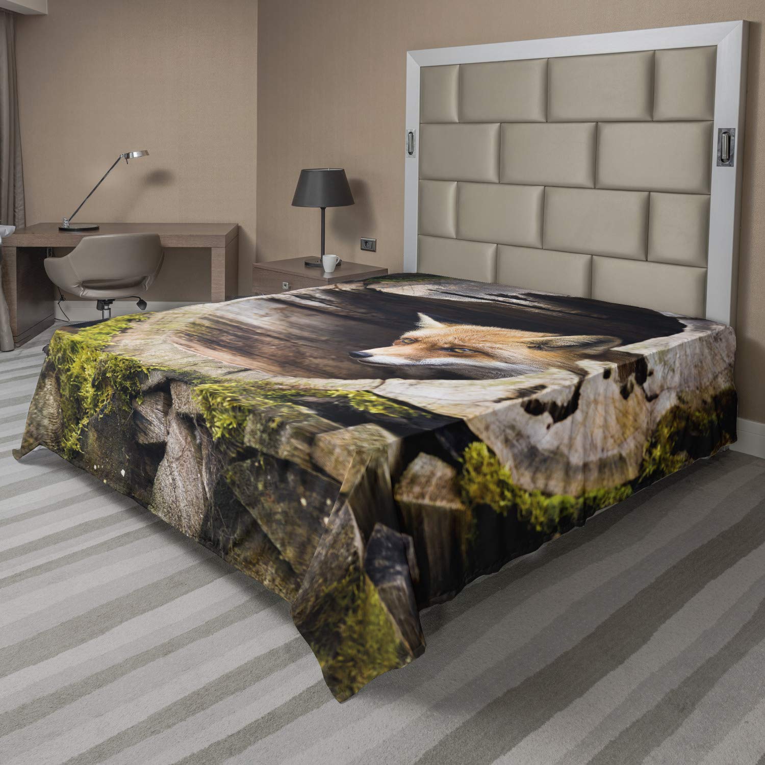 Ambesonne Animal Flat Sheet, Forest Nature Wild Fox with Hazel Eyes in a Wooden Carved Tree with Moss Art Print, Soft Comfortable Top Sheet Decorative Bedding 1 Piece, King Size, Multicolor