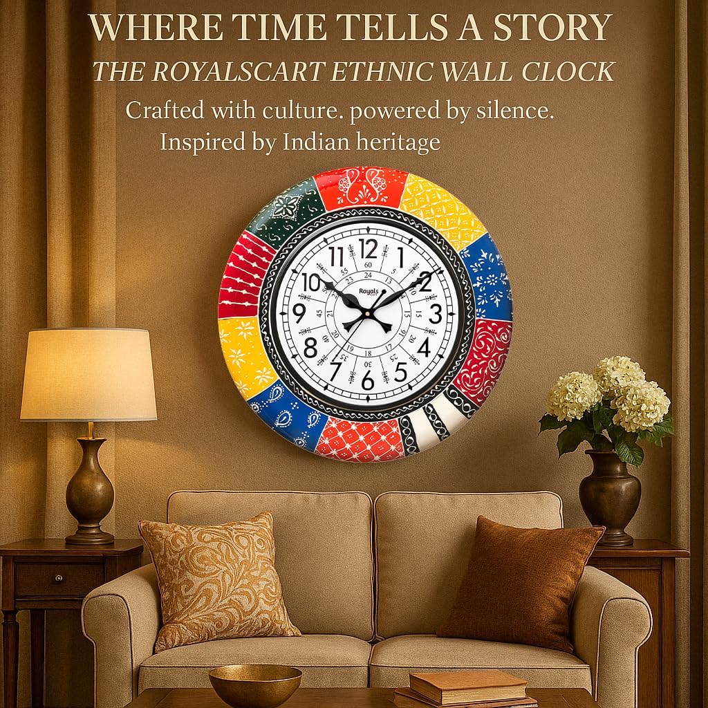 Ethnic Handcrafted Decorative Wall Clock with Rajasthani Painting | Multicolour Wooden Clock for Living Room | 24 Hours | 16 Inch | Vintage Design | Silent Sweep Movement [KTWC139N]