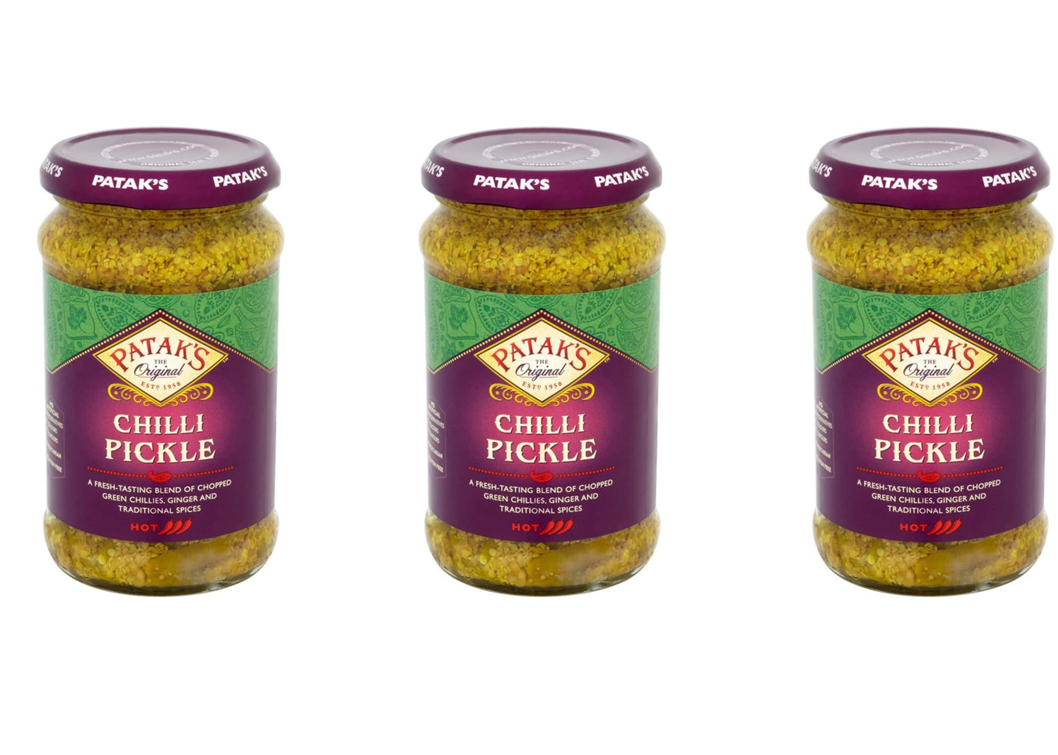 Patak Chilli Pickle 283g – Achaar tradicional indio – Achaar con ingredientes naturales – Proporciona la experiencia gastronómica india ideal (paquete de 3)