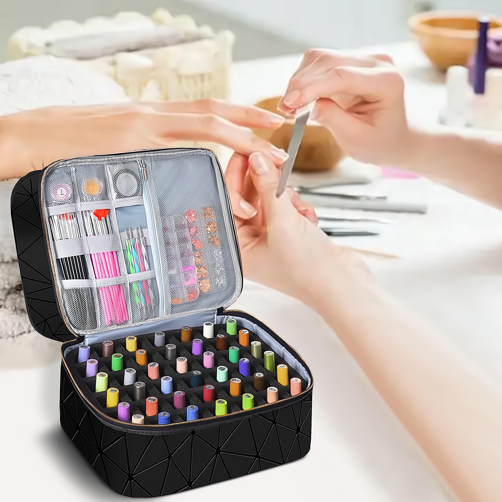 3-Layer Travel Makeup Bag,Nail Polish Organizer,Nail Tools Storage,2 in 1 Removable Polish Package,Waterproof,Adjustable Dividers Compartment,Holds 84 Bottles of 15ML Nail Polish - Image 4