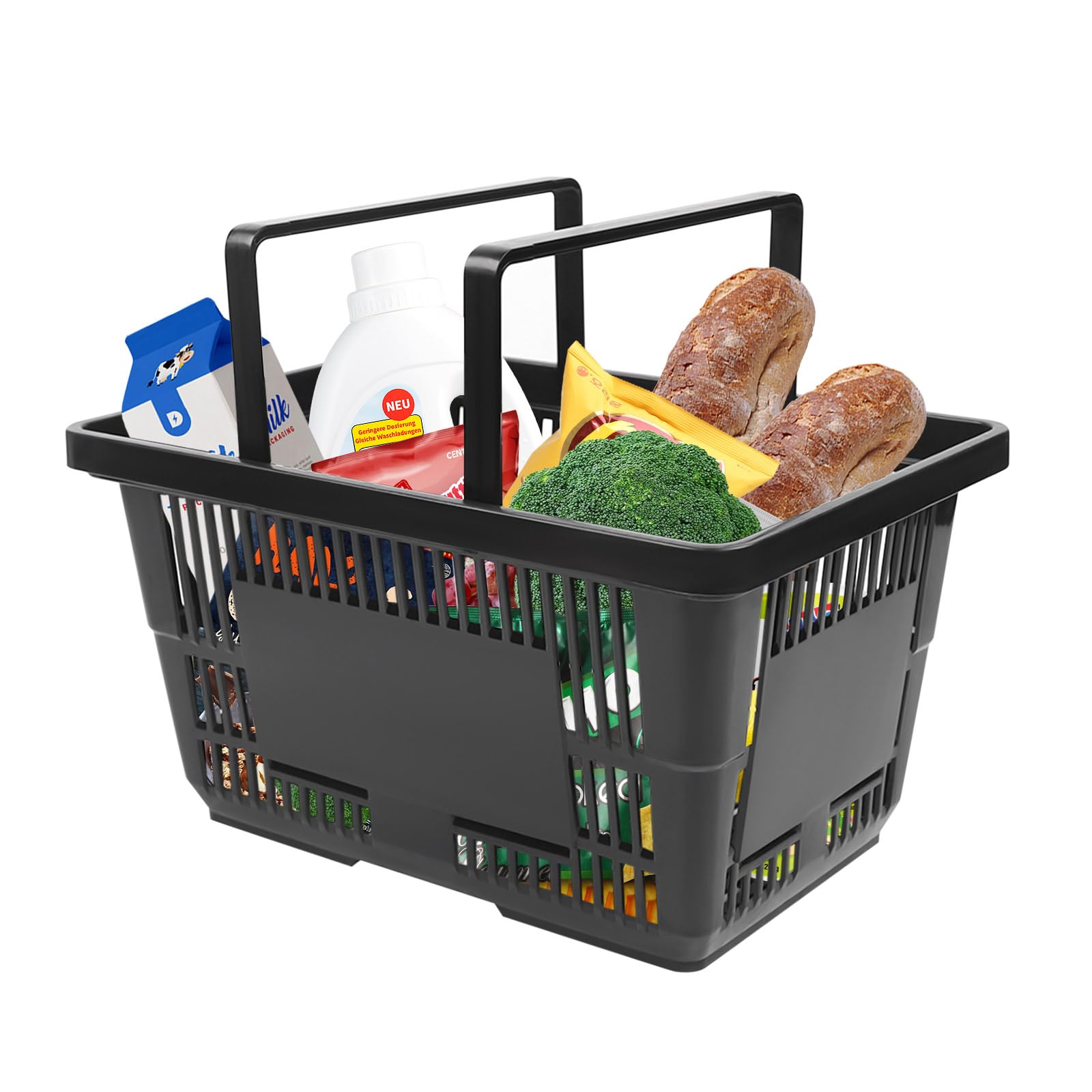 Einkaufskorb mit Henkel, 12 Stück Klappbox mit Henkel, 28L Kunststoffkorb Stapelbar, Tragekorb Einkaufskörbe Schwarz für Buchhandlungen, Supermärkten, Großes, Solide, 48 * 26 * 33cm