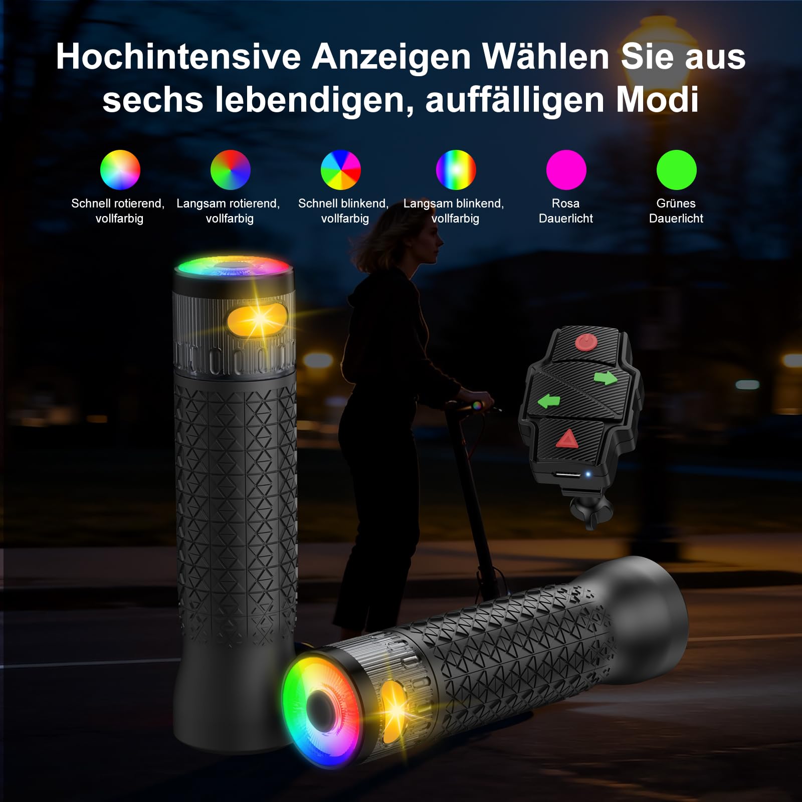 E Scooter Blinker Griff mit Farbwechsel-Lichtern, Roller Blinklicht mit magnetischer Ladestation & Fernbedienung Warnlicht für Xiaomi M365/Pro2/1S, Ninebot G30 Ersatzlenker, Scooter-Zubehör