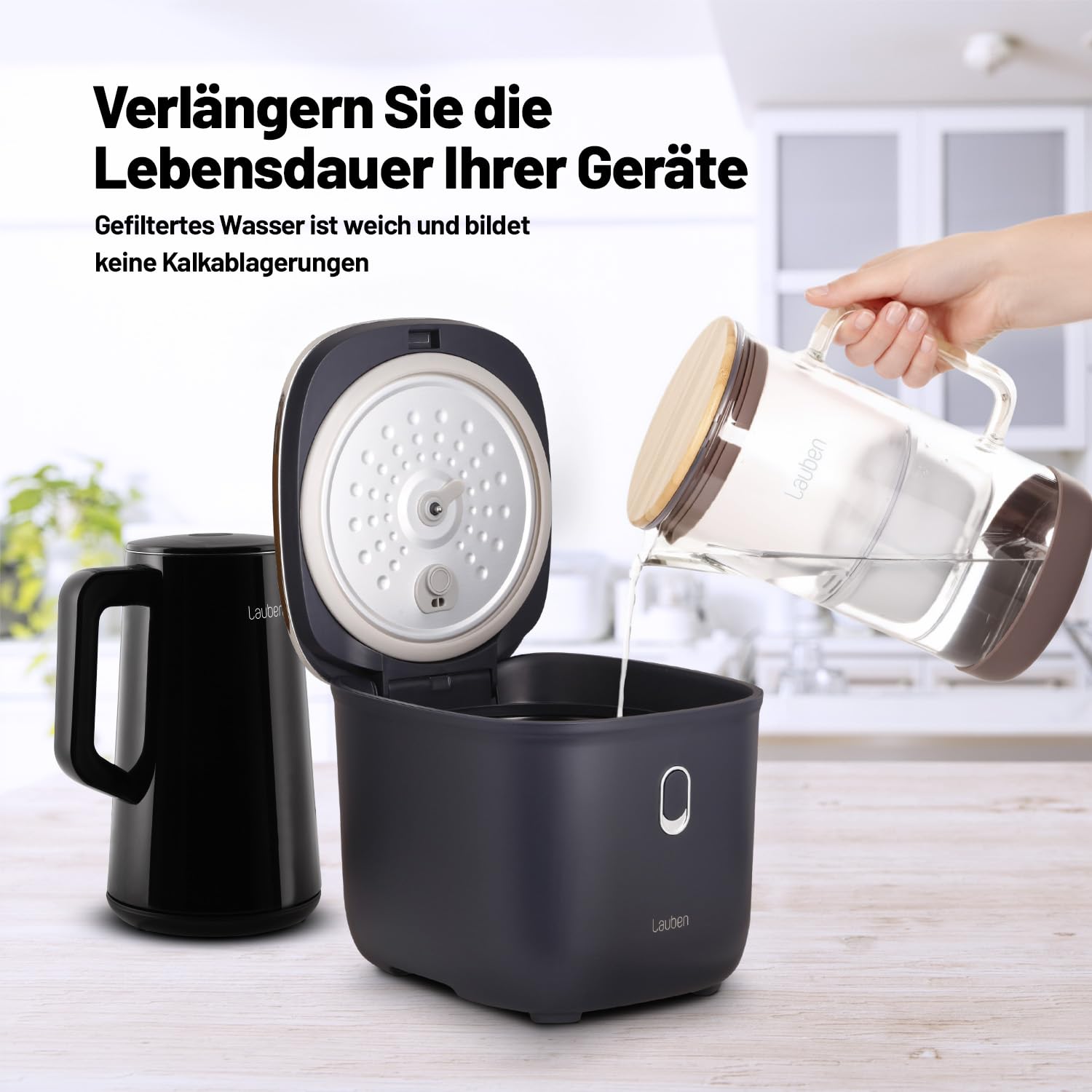 Lauben 25GW - Caraffa filtrante in vetro borosilicato 2,5 l, caraffa con 4 stadi di filtrazione contro calcare, cloro e metalli pesanti, 1 cartuccia filtrante, coperchio in bambù, acciaio inox