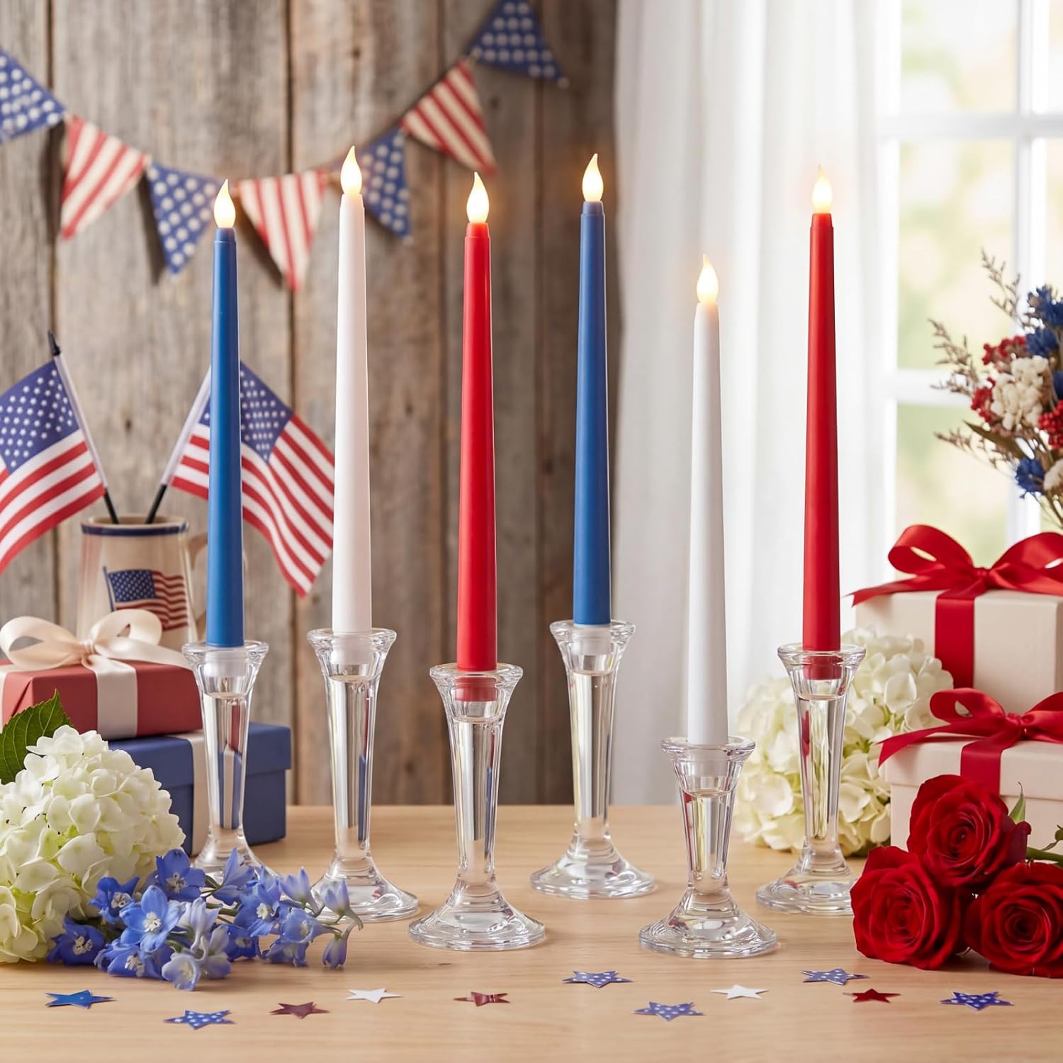 Baquler 6 Pcs 11''4th of July Flameless Taper Candle Patriotic 250th Anniversary Battery Operated Candles Red White Blue Memorial LED Plastic Flickering Candle Sticks for Independence Day Home Decor