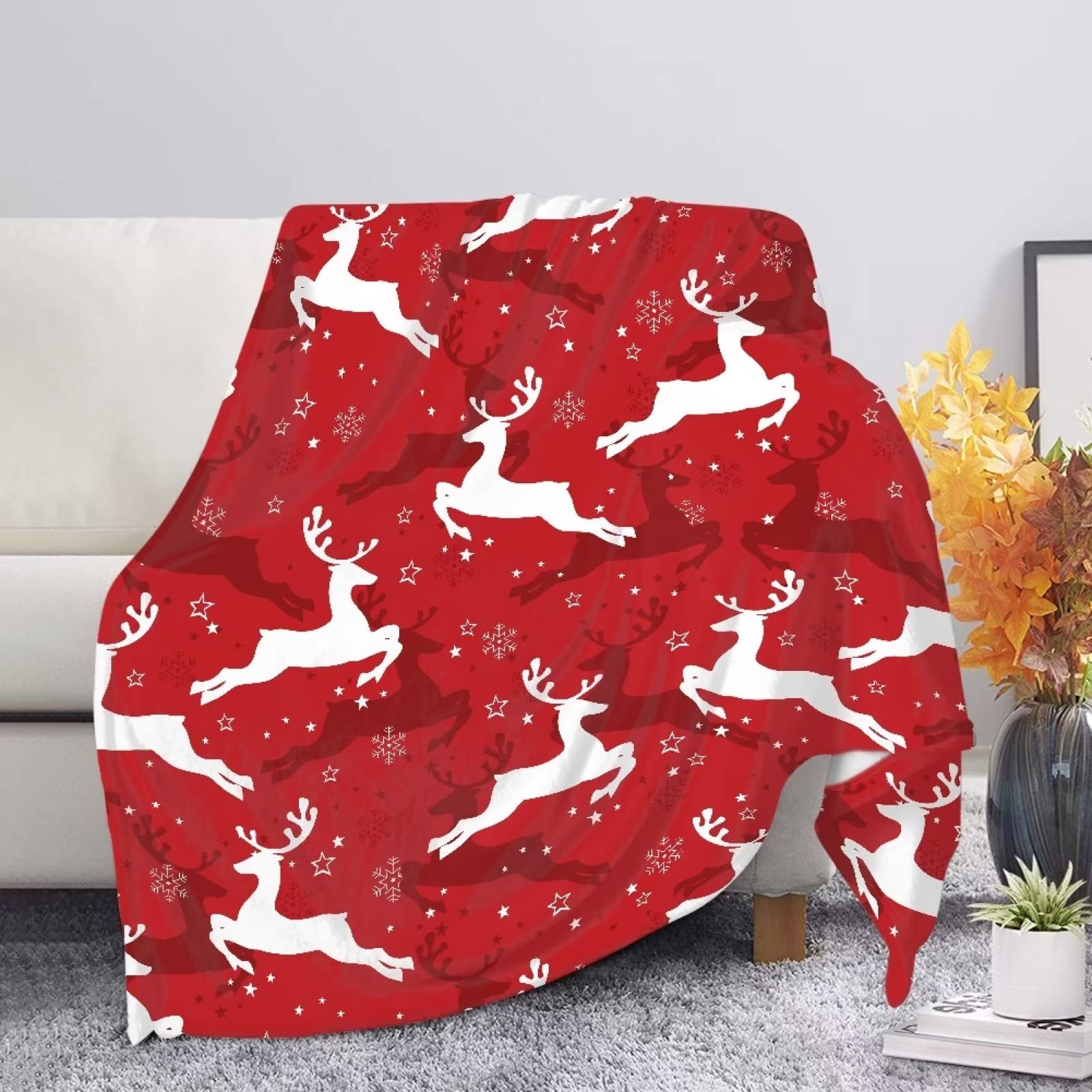 HUGS IDEA Christmas Cartoon Reindeer Ultra Soft Cozy Bedding Throws for Kids Adutls Plush Lightweight Fleece Throw Blanket for Sofa Couch Bed