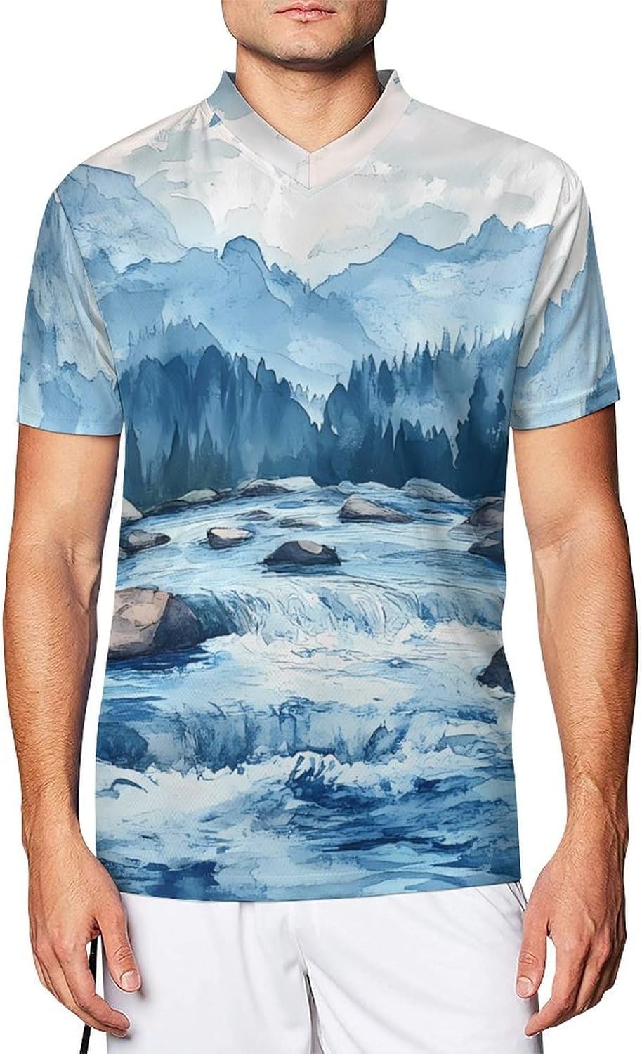 Wild River in Mountain Personalized Soccer Jersey Mens T-Shirts Sports Tops | Breathable Mesh Football Fan Custom Uniform Summer Short Sleeve V-neck