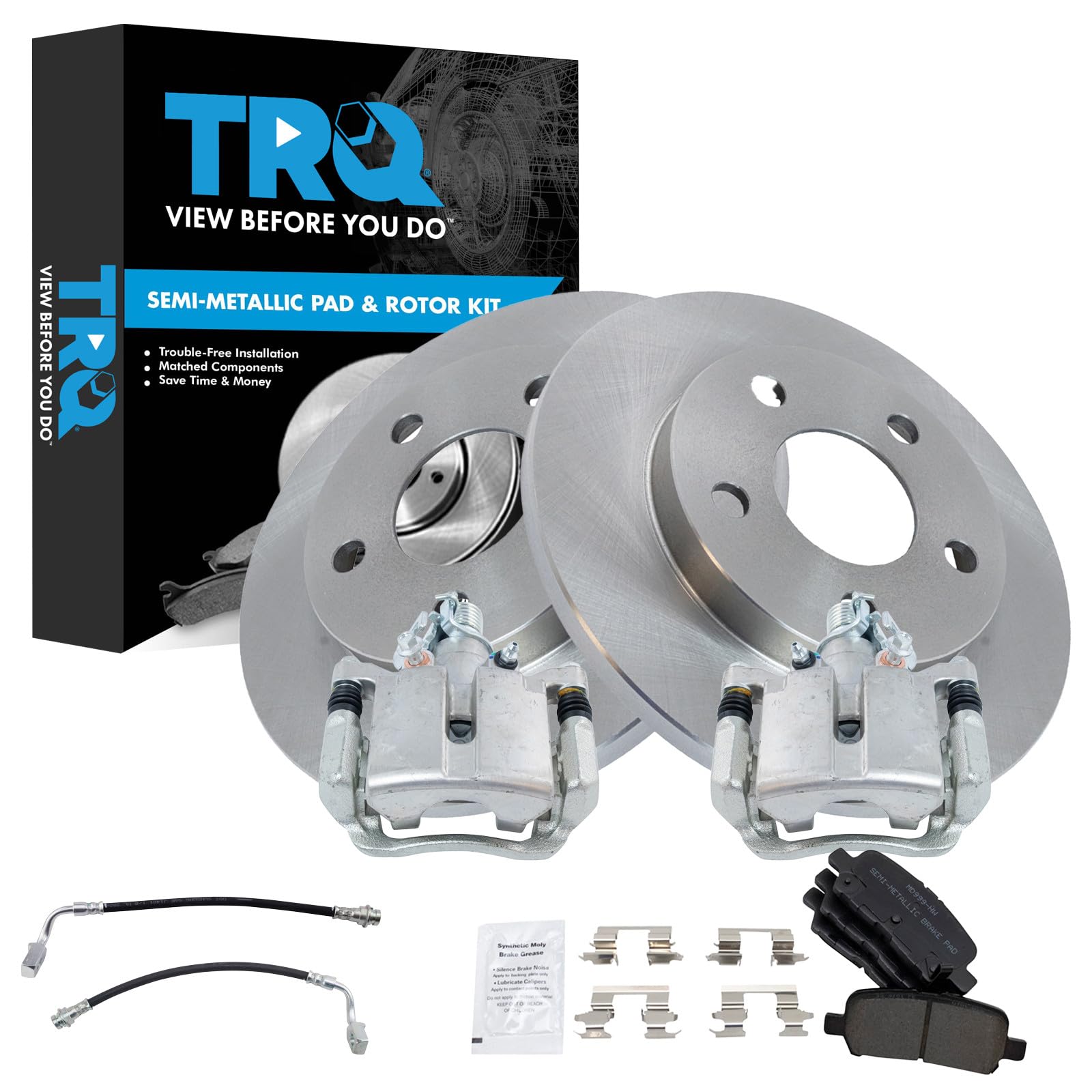 TRQ Rear Brake Pad &amp; Rotor Kit Semi-Metallic Compatible with 2011-2013 Chevrolet Impala 2014-2016 Impala Limited