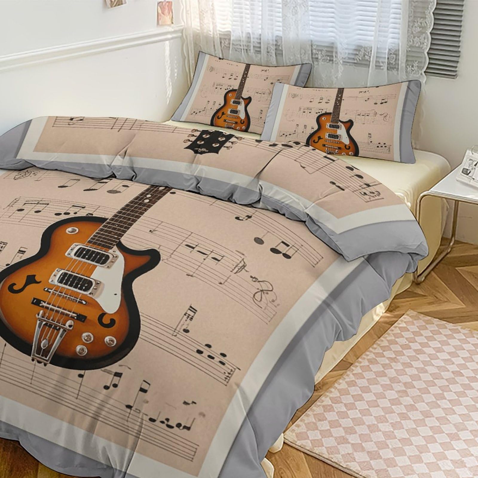 Parure de lit guitare 3 pièces avec couette imprimée pour lit double 218x177 cm