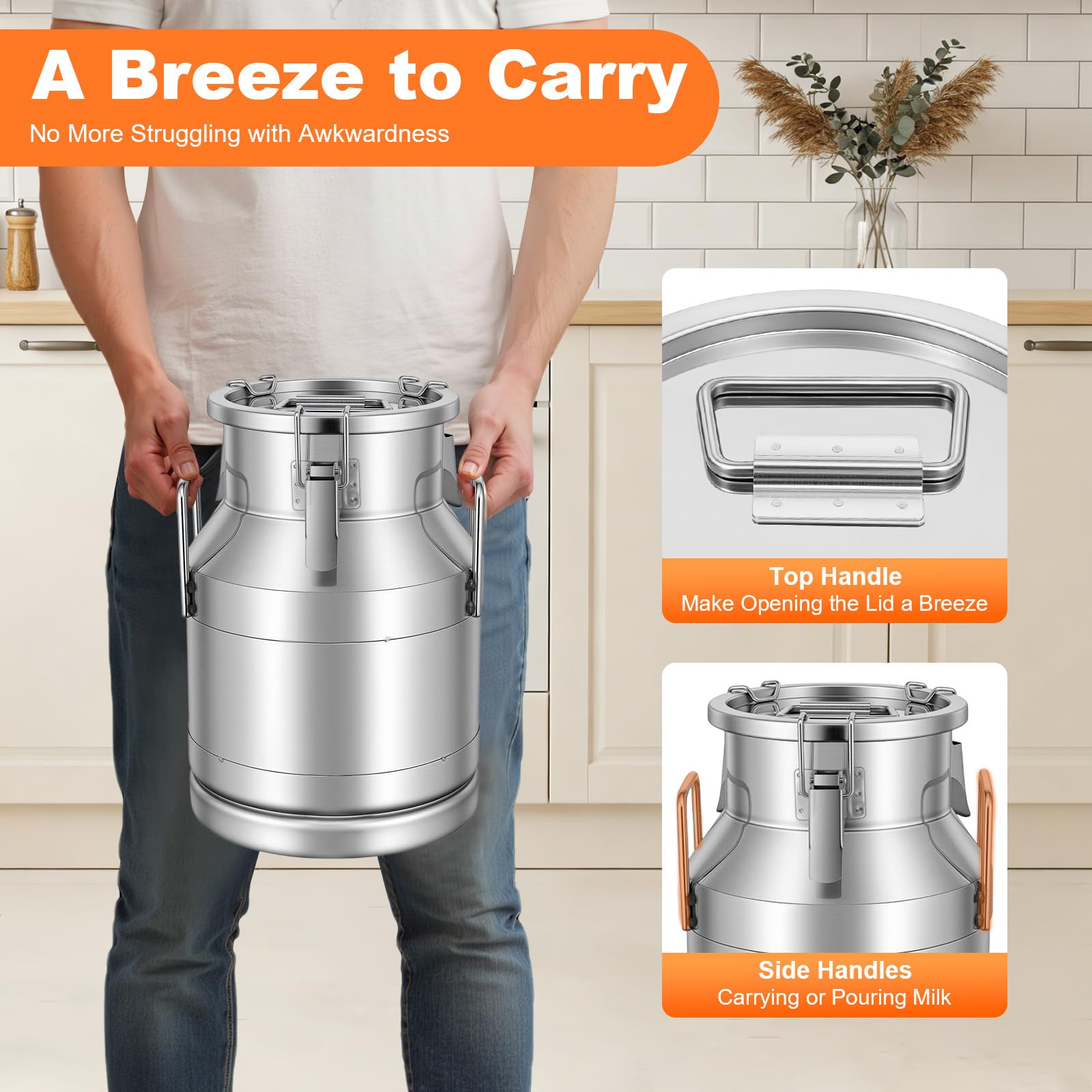 Jarra de leche de acero inoxidable de 10 litros con tapa y asa para guardar arroz, té, hierbas, vinagre, leche, agua, miel