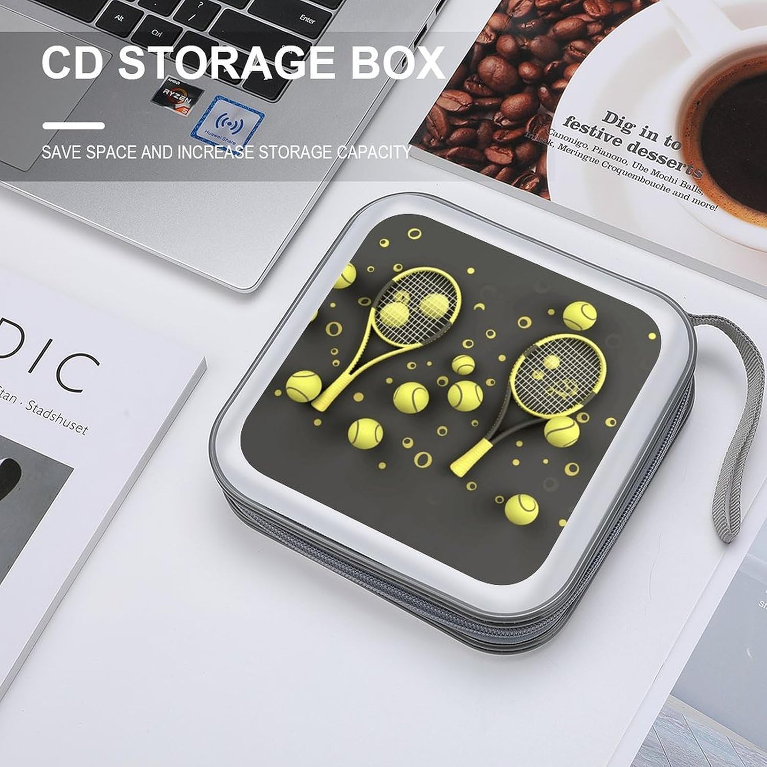 Funny Tennis Racquets And Tennis Balls CD Case Holder 40 Capacity DVD Case Wallet Portable Hard Plastic Disc Cases Storage Binder Large Storage Disc Wallet Bag with Zippers for Car Home Office Travel