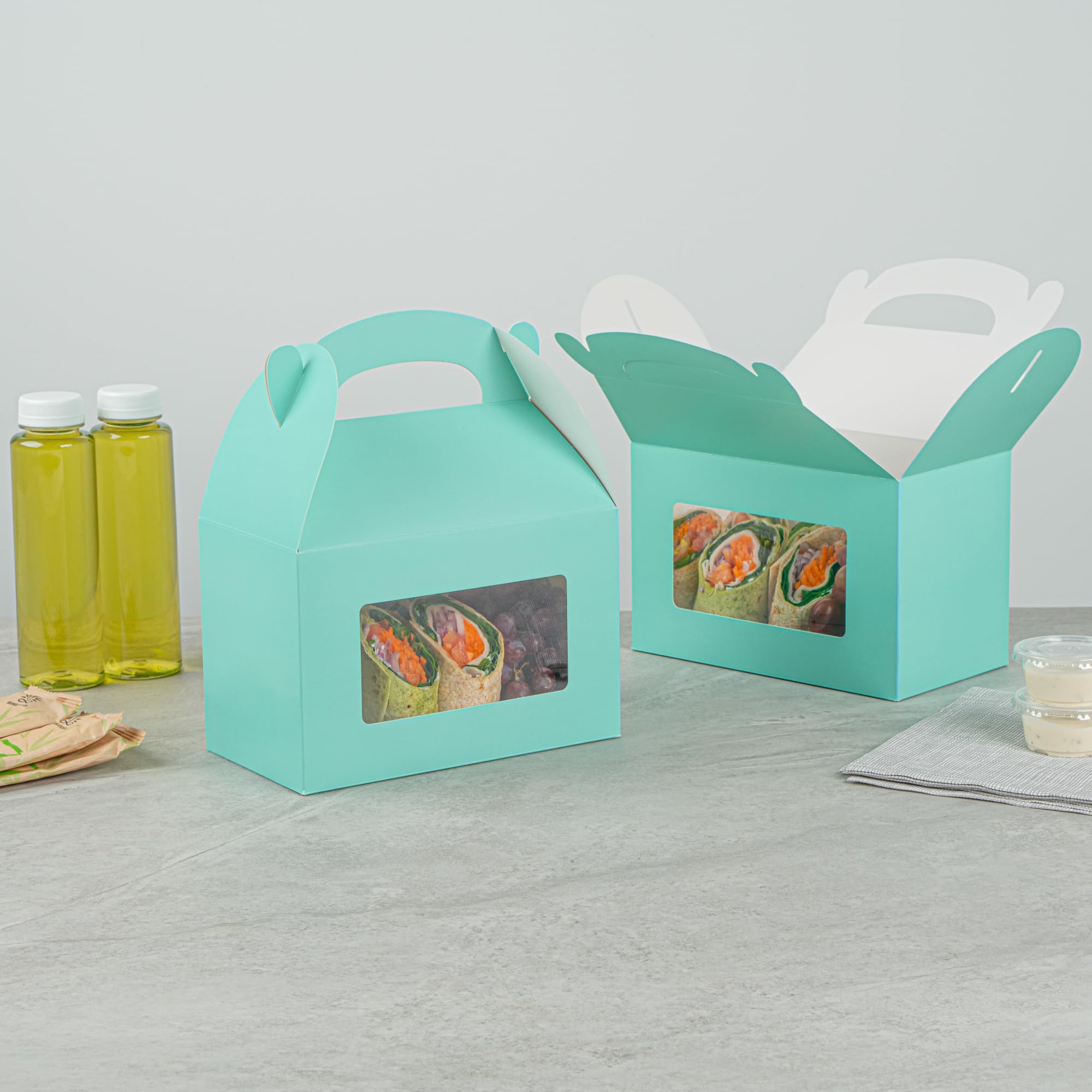 Restaurantware Bio Tek - Cajas a dos aguas de 8.5 x 4.8 x 5.5 pulgadas para recuerdos de fiesta, 100 atractivas cajas de regalo, ventana de PET transparente, con asa integrada, cajas de granero de