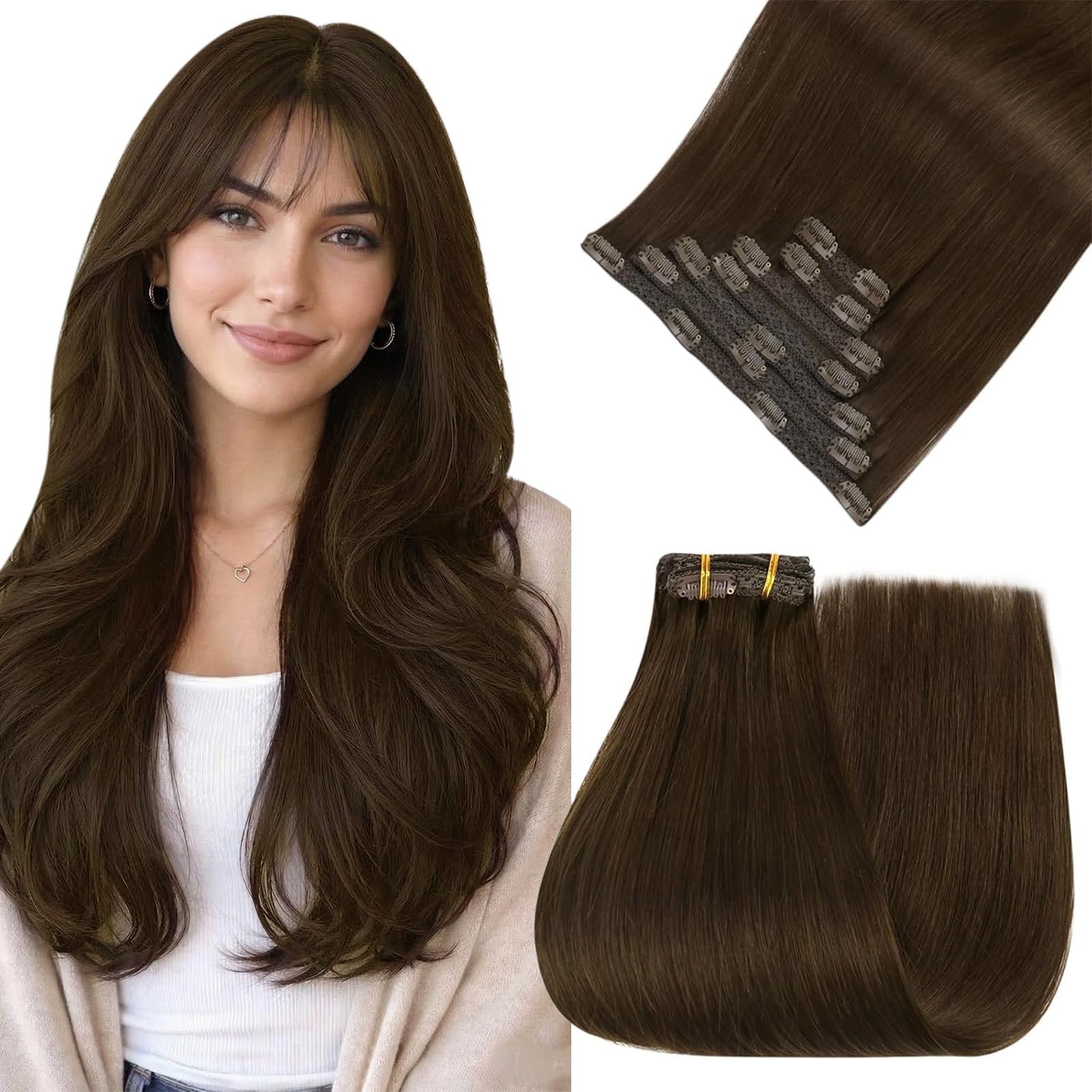 Easyouth Clip in Extensions Real Human Hair Brown Clip in Human Hair Extension Darkest Brown Clips in Hair Extension Human Hair Blend Seamlessly with