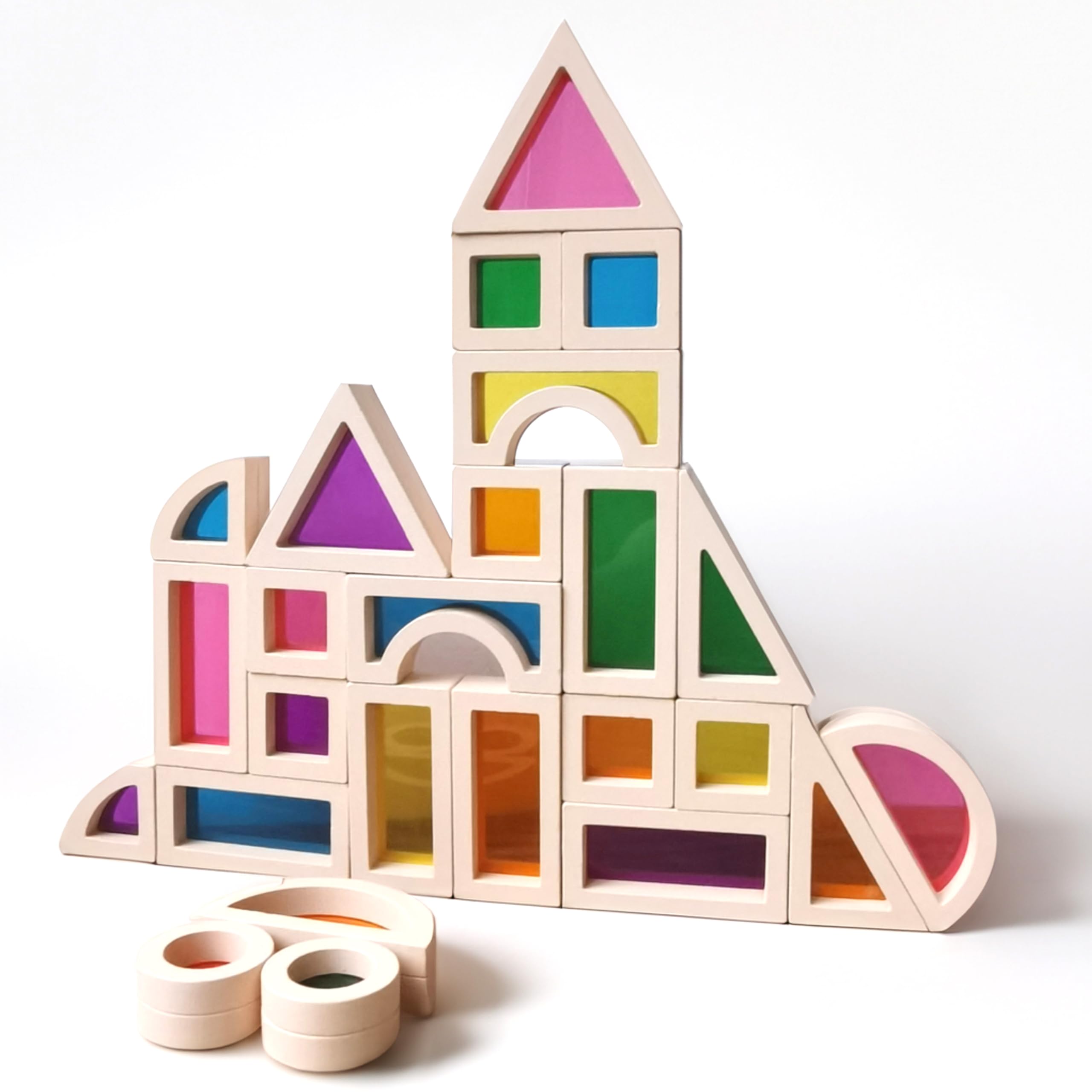BEACENOV Rainbow Acrylic Blocks Toys for Toddler,Kids Toys,Rainbow Wooden Building Blocks for Toddler, 25 Pcs Rainbow Stacking Blocks Set,Montessori Educational Building Toys for Baby Boys Girls Gifts