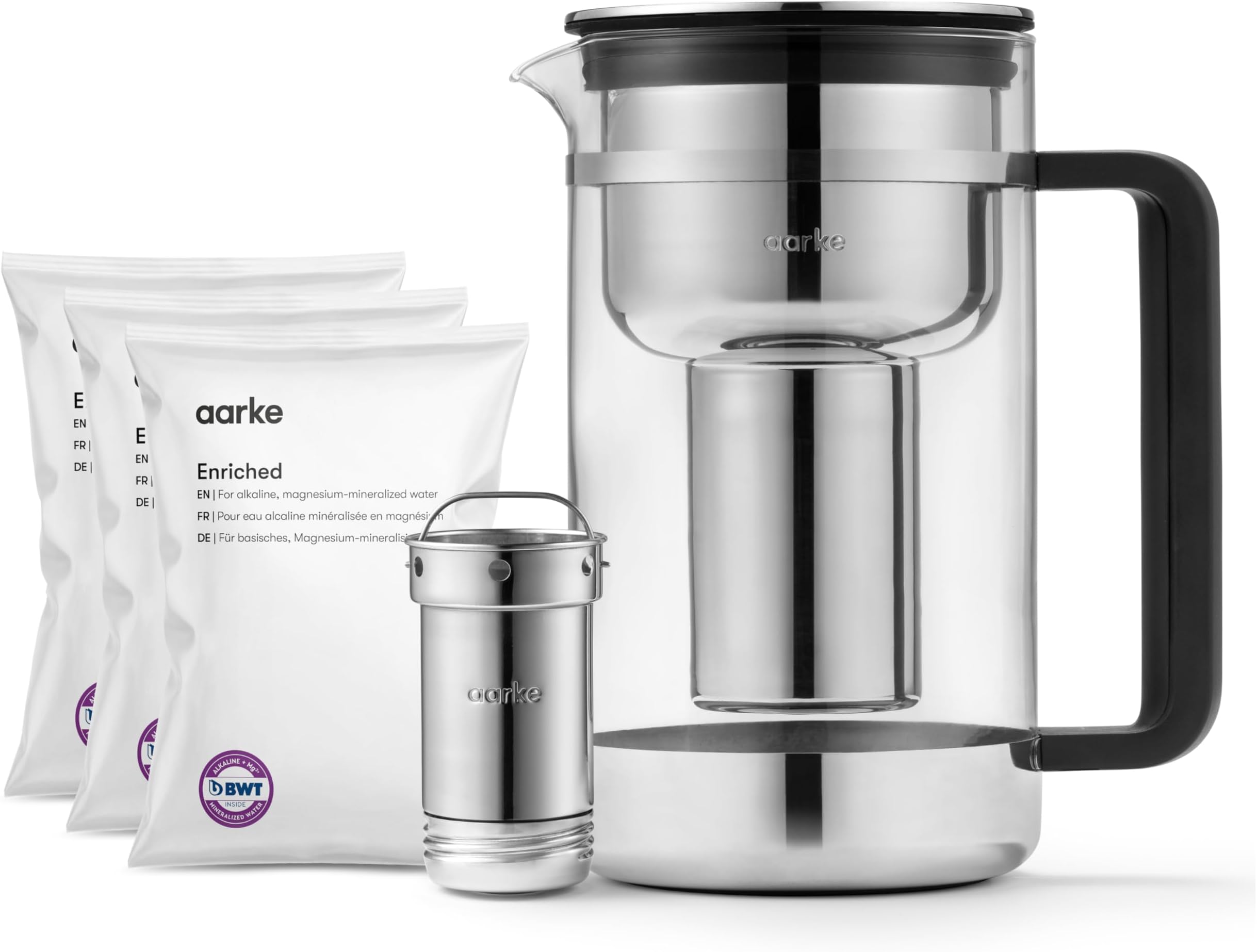 Aarke Purifier Large Glass Pitcher Bundle w/Steel Filter, BPA-Free, 3 Enriched + 1 Pure Granules, 2.8L Pitcher with 1.66L Filtration Capacity