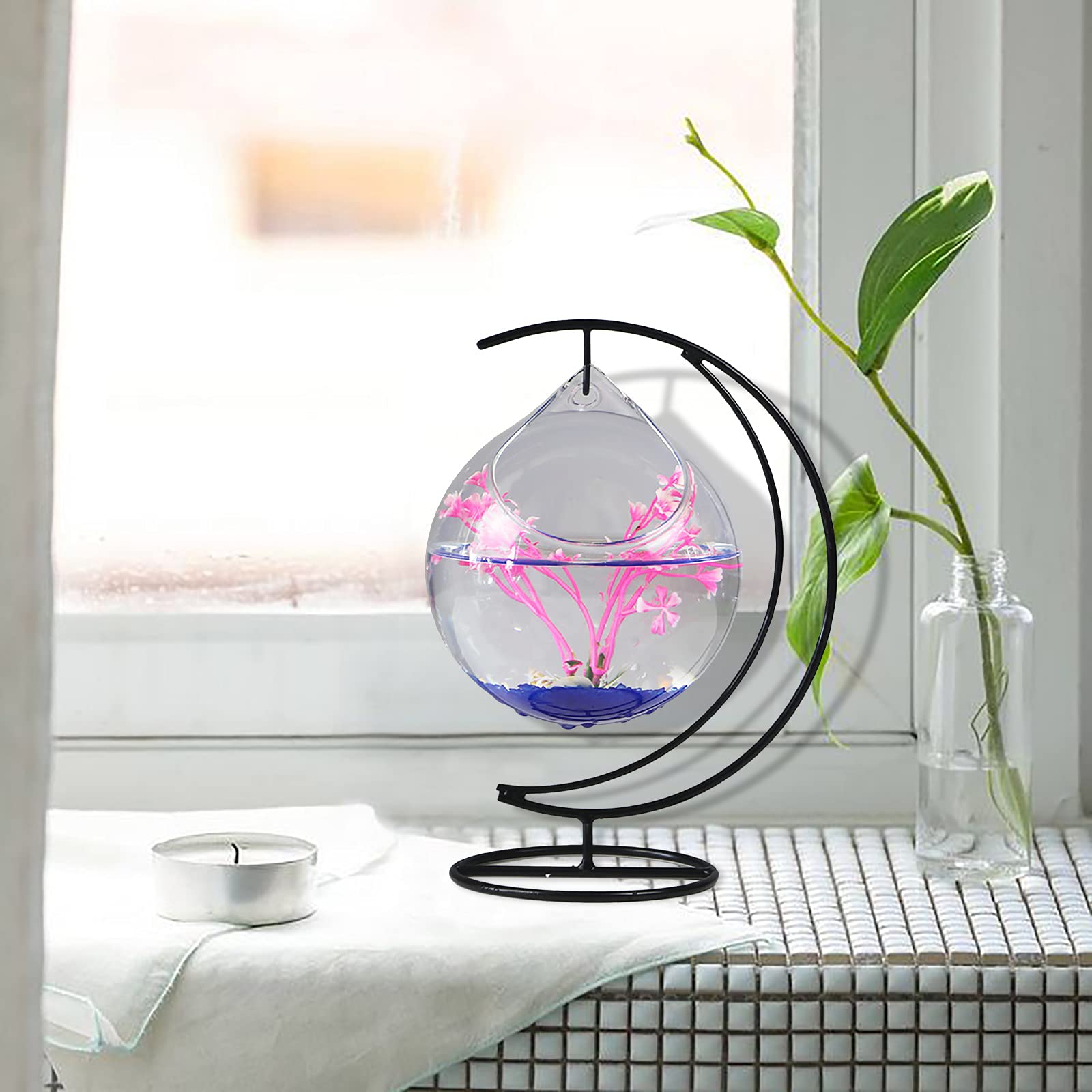 Pecera Colgante, Pecera de Cristal de Mesa Pequeña, Mini Acuario con Soporte, Pecera Colgante de Escritorio con Soporte, Terrario de Plantas Transparente para el Hogar, Mesa, Oficina, Jardín,(A2)