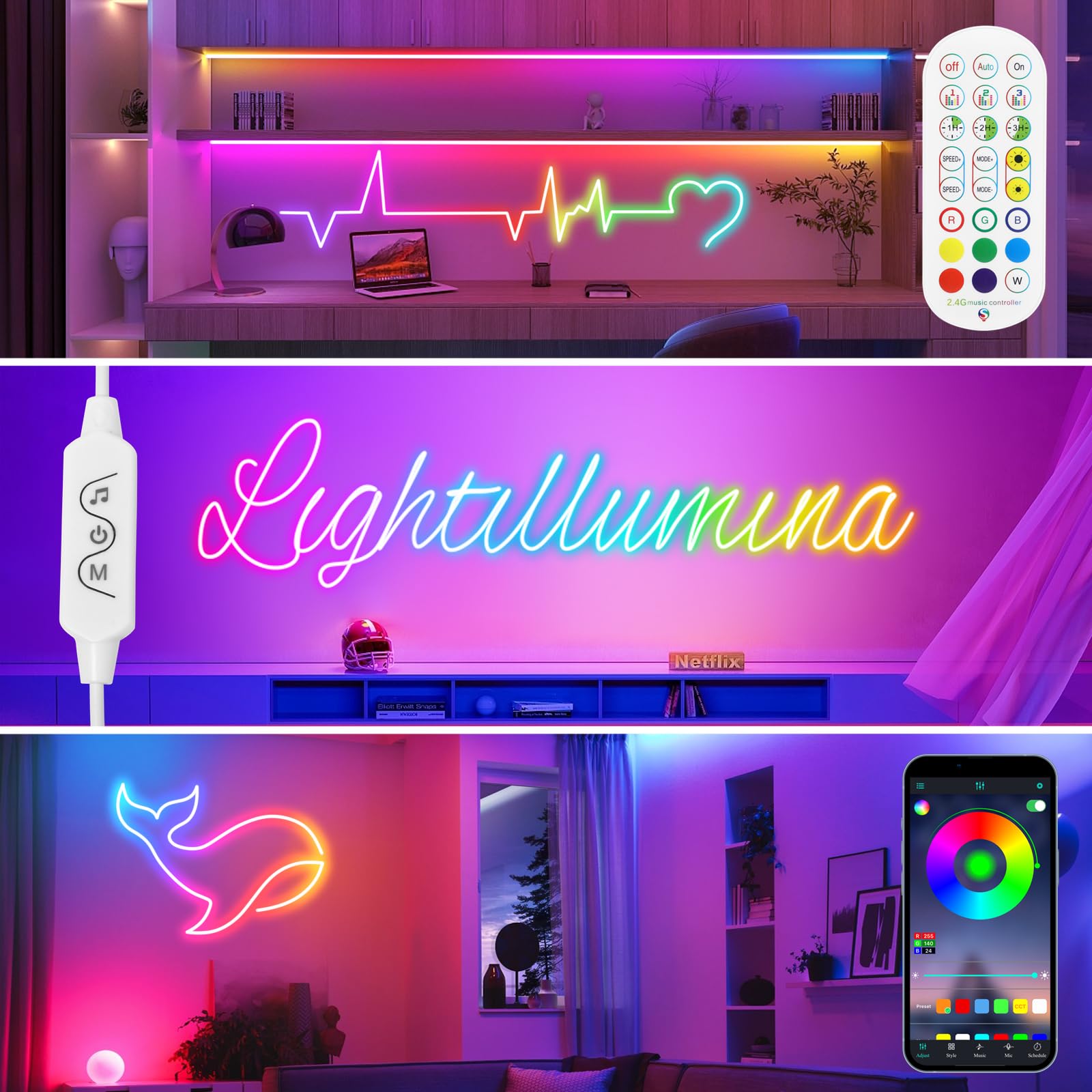 HOUHUI Neon LED Strip Lights, 3m RGB Neon Rope with Remote, IP67 Waterproof, Music Sync DIY Design for Bedroom Gaming & Kids Wall Decor - Image 3