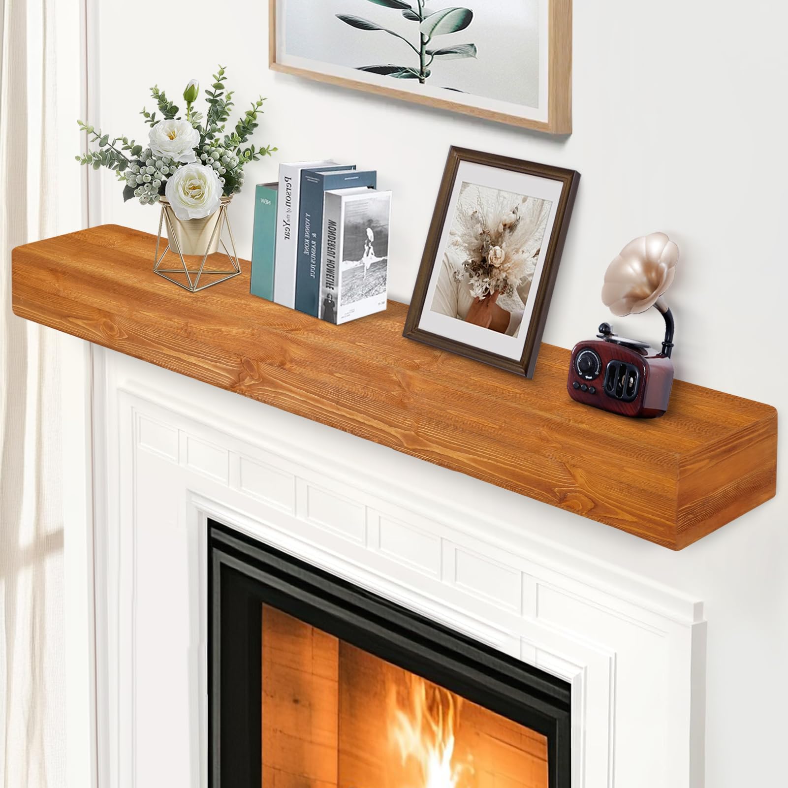 g good gain fireplace mantel 60inch - handmade rustic wood mantel for over fireplace | wall mounted floating mantle shelves for living room decor(oak, 60lx5hx8d)