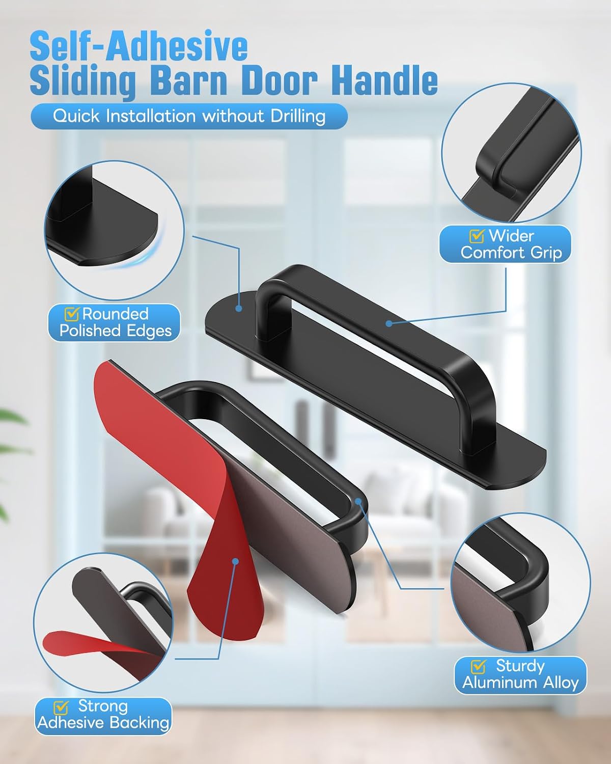 5.7 Inch Self-Adhesive Cabinet Handle, Aluminum Stick-On Sliding Barn Door Pull for Closet, Kitchen Cupboard, Drawer, Window, Glass Door - No Drill Peel and Stick Pull Handle (8, Black)