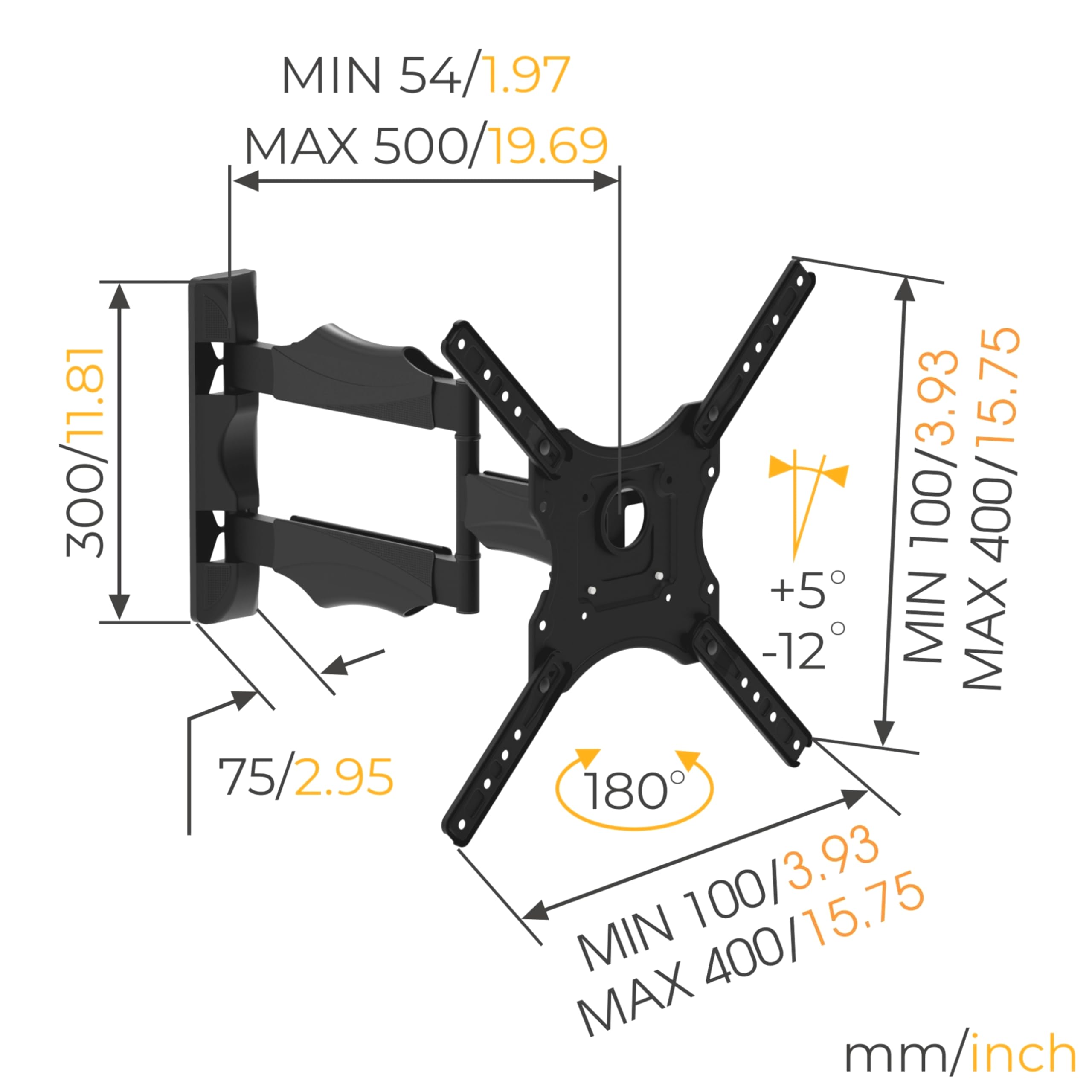 Alphamount TV-muurbeugel voor de meeste 26-60 inch LED LCD platte en gebogen tv's tot 35 kg, stevige tv-muurbeugel met kantelbare verlenging, Max VESA 400x400mm, APPIMF7-E