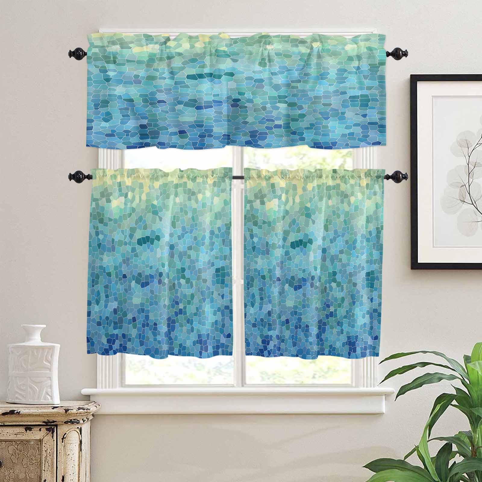 Turquoise Blue Teal Kitchen Curtains 36 Inch Length,3 Piece Rod Pocket Small Half Tiers and Valance Set,Chic Stained Glass Texture Aesthetic Small Large Window Treatment Decor for Bedroom/Bathroom