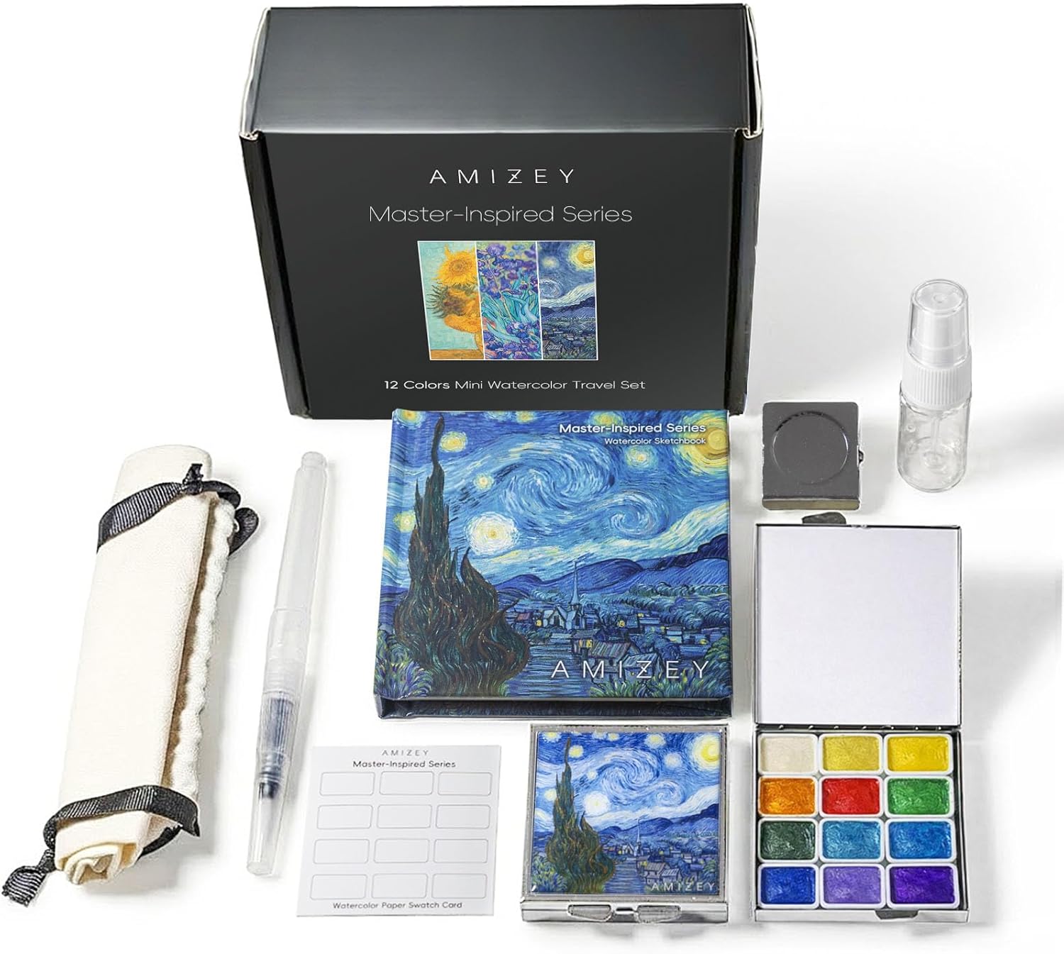 Watercolor Paint Set, AMIZEY Travel Watercolor Set with 12 Pearl Shimmer Colors, Mini Watercolor Paint Set in Metal Tin with 300gsm Sketchbook, Portable Art Kit for Beginners & Sketching （Inspired by The Starry Night）
