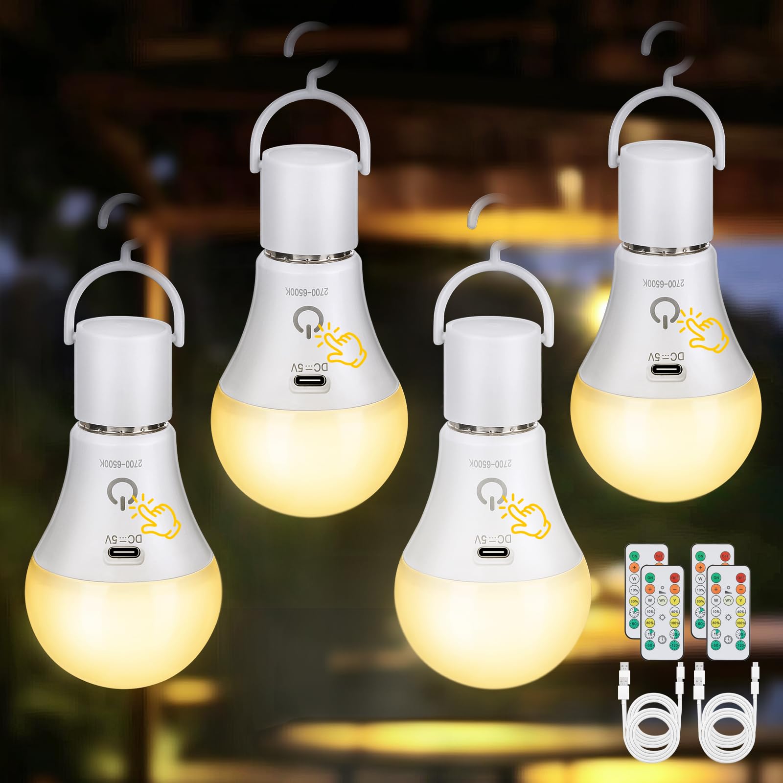 Kimjo Rechargeable Bulb with Remote Control USB 7W - E27 Bulbs without Electricity 3 Colours Dimmable - Battery Backup Timing Bulb, 4 Pack