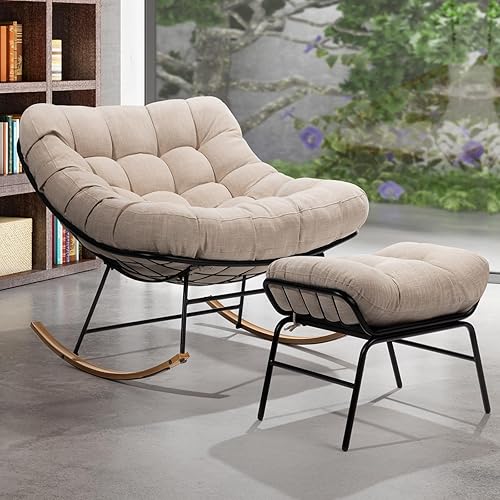 Vista 13 de Bme Mecedora de patio para exteriores e interiores, mecedora de metal con cojín grueso, cómoda y moderna silla mecedora para sala de estar, porche