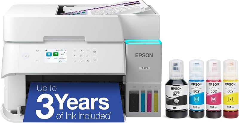 EcoTank ET-3950 Wireless Color All-in-One Supertank Printer | Cartridge-free print, scan, copy; up to 18 ppm, borderless photo printing, ADF; ideal for home and small offices