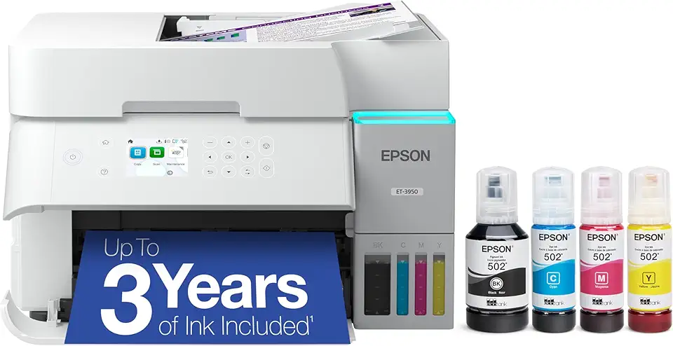 Epson EcoTank ET-3950 Impressora supertank colorida sem fio com até 3 anos de tinta, tanques recarregáveis, perfeita para escritório em casa, 18 PPM, tela colorida de 6 cm, alimentador automático de