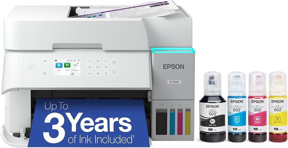 Epson EcoTank ET-3950 Impressora supertank colorida sem fio com até 3 anos de tinta, tanques recarregáveis, perfeita para escritório em casa, 18 PPM, tela colorida de 6 cm, alimentador automático de