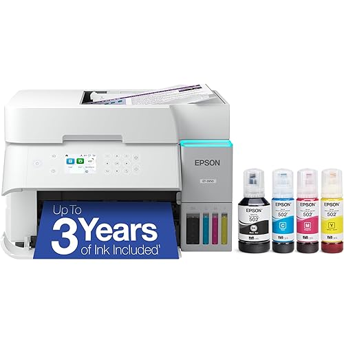 Epson EcoTank ET-3950 Wireless All-in-One Color Supertank Printer with up to 3 Years of Ink Refillable Tanks, Perfect for Home Office, 18 PPM, 2.4' Colorful Touchscreen, Auto Document Feeder - White