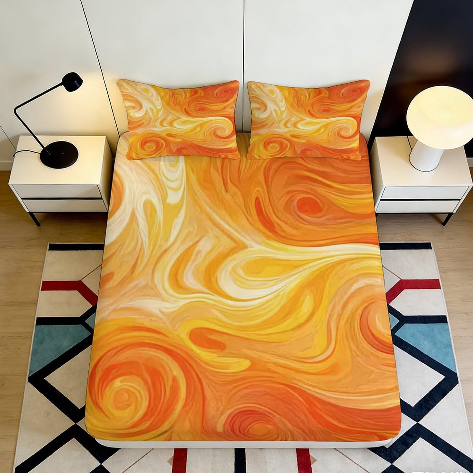 3D Printed Swirl Orange Wave Fitted Sheet Microfiber Soft Bed Cover for Bedroom Dorm Mattress Decor 90x200x25cm