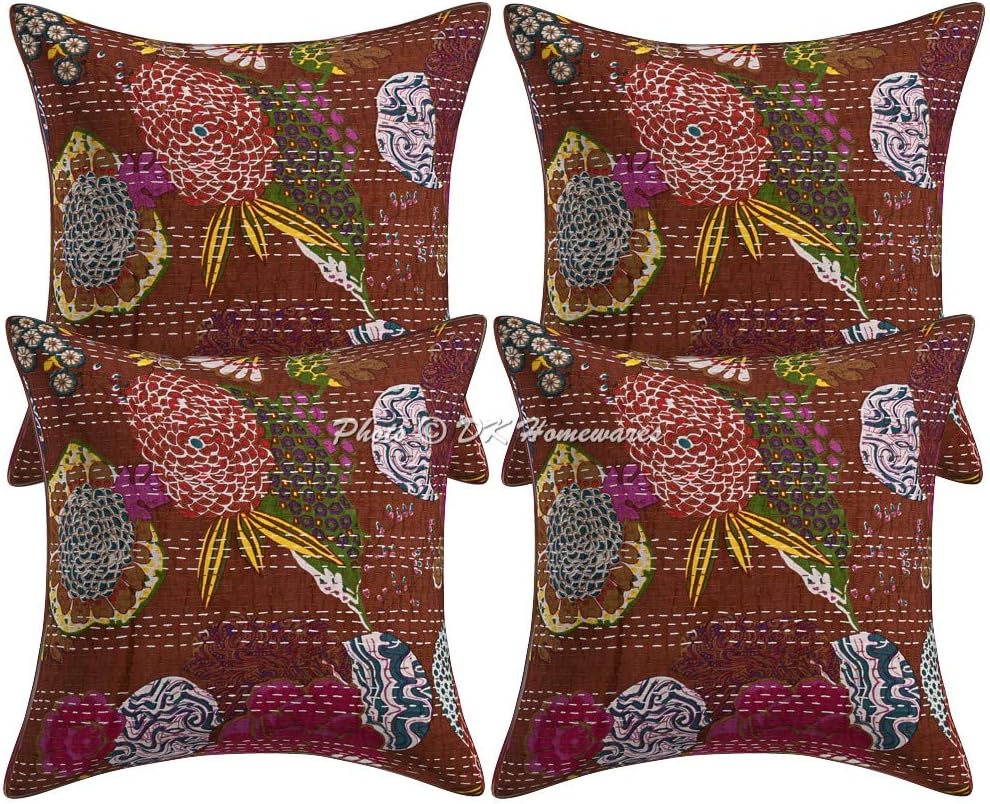 Boho Decorative Toss Throw Pillow Covers 16x16 Inch Cotton Kantha Tropicana Ethnic Square Accent Cushion Covers (Size - 40x40 cm ; Color: Dark Brown) - Set of 4 Pcs (Cover Only)