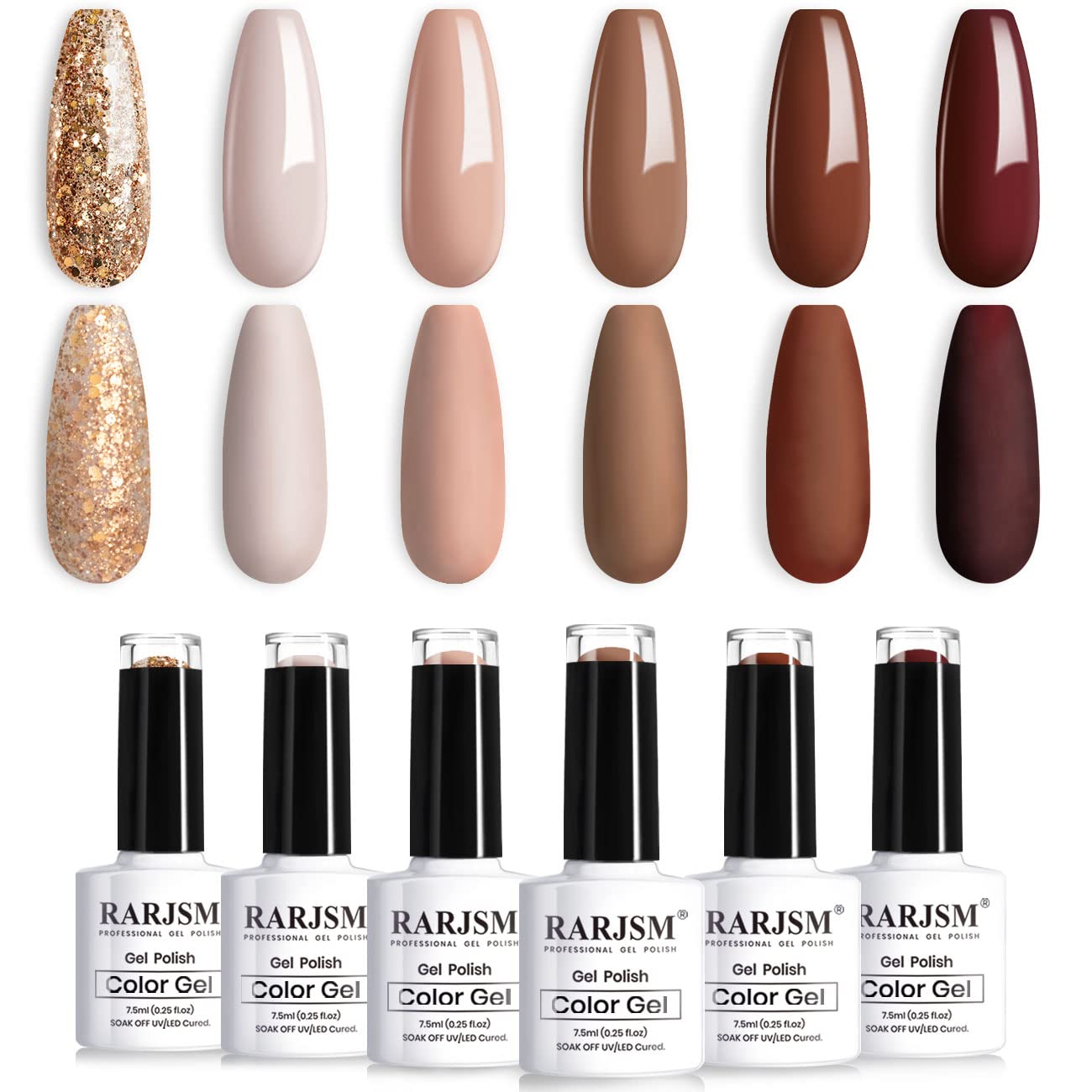 RARJSM Gel Nail Polishes Set of 6pcs Brown Coffee Wine Red Burgundy Nude Purple Pink Champagne Gold Glitter Winter Color Gel Polish Soak Off Curing