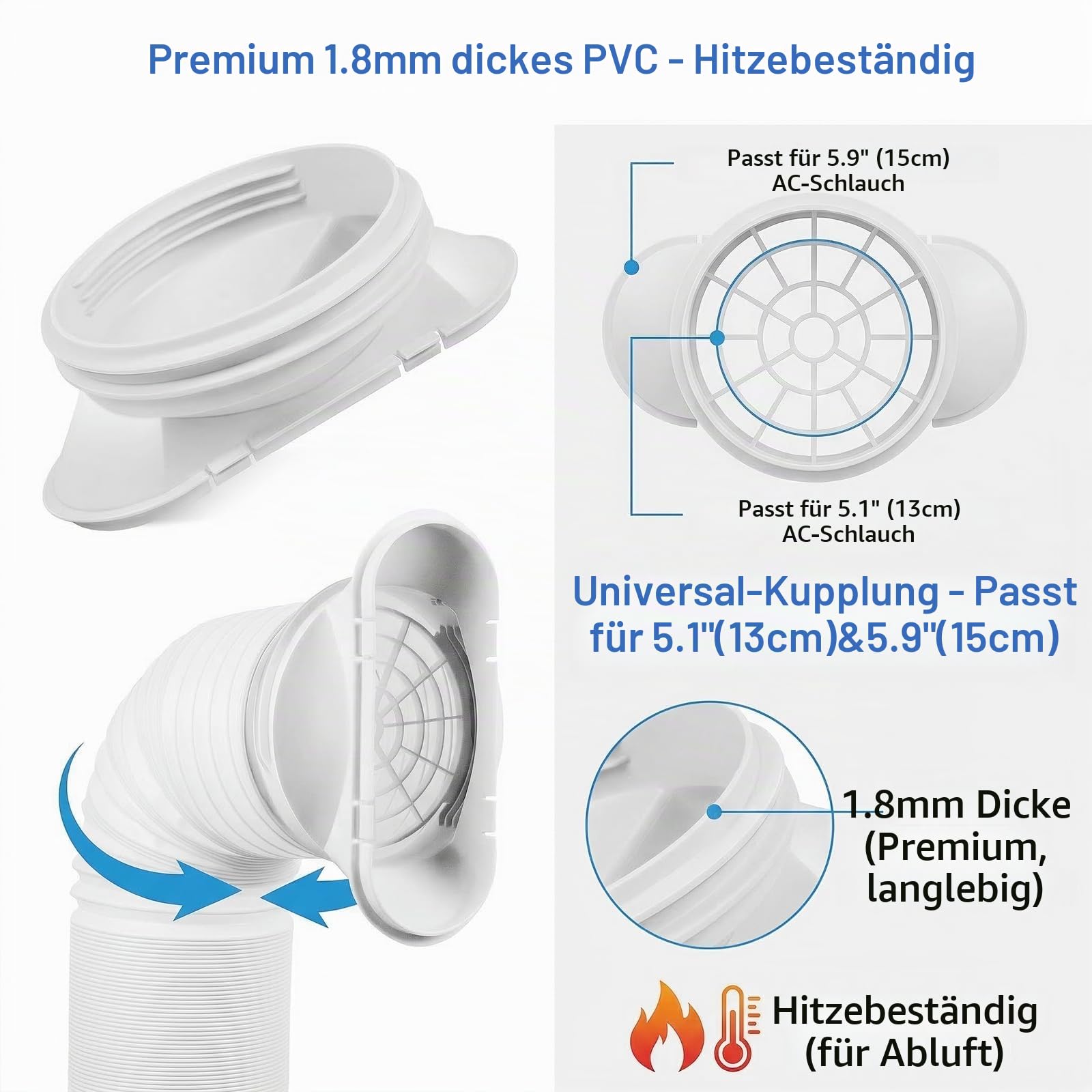 Klimaanlage Fensterabdichtung Kit, 4 Platte Mobile Klimagerät Fensterkit Verstellbar 43-150cm, Fenster Klimaanlage Abdichtung mit Adapter 130mm Abluftschlauch für Horizontalen Schiebefenster