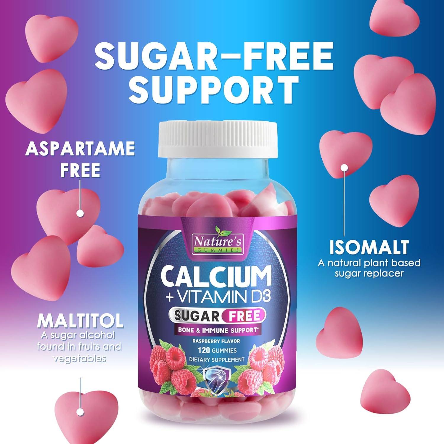 Calcium Supplement Gummies - Sugar Free Calcium Gummy with Vitamin D3 for Best Absorption - Supports Immune Health, Bones & Teeth - Nature's Calcium Chews for Women & Men - Berry Flavor - 120 Gummies