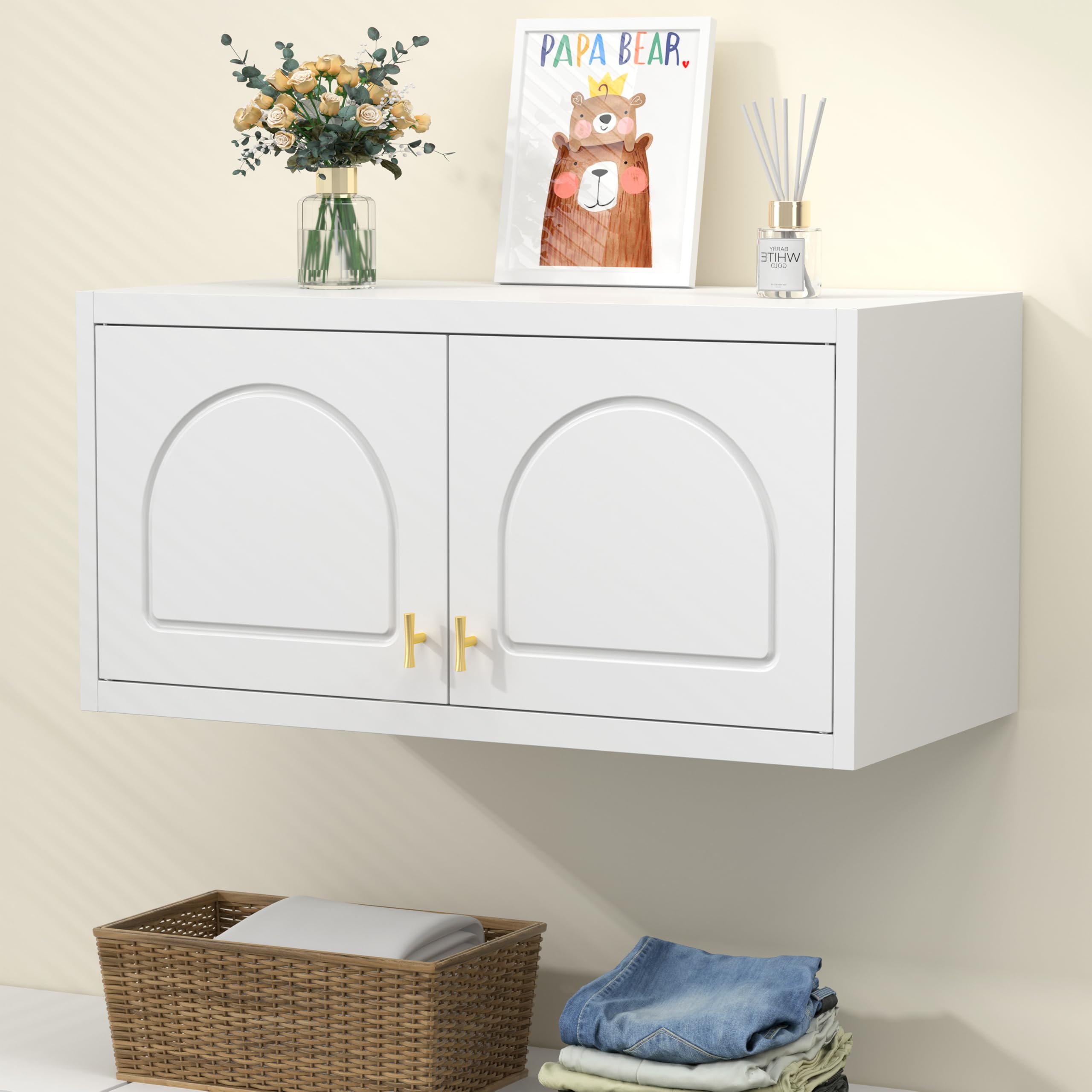 15" Wall Mounted Storage Cabinet, Small Armoire Wardrobe Closet, Small Hanging Cabinet for Bedroom School, Employee, Gym, Armarios De Ropa para Dormitorio, Assembly Required, White