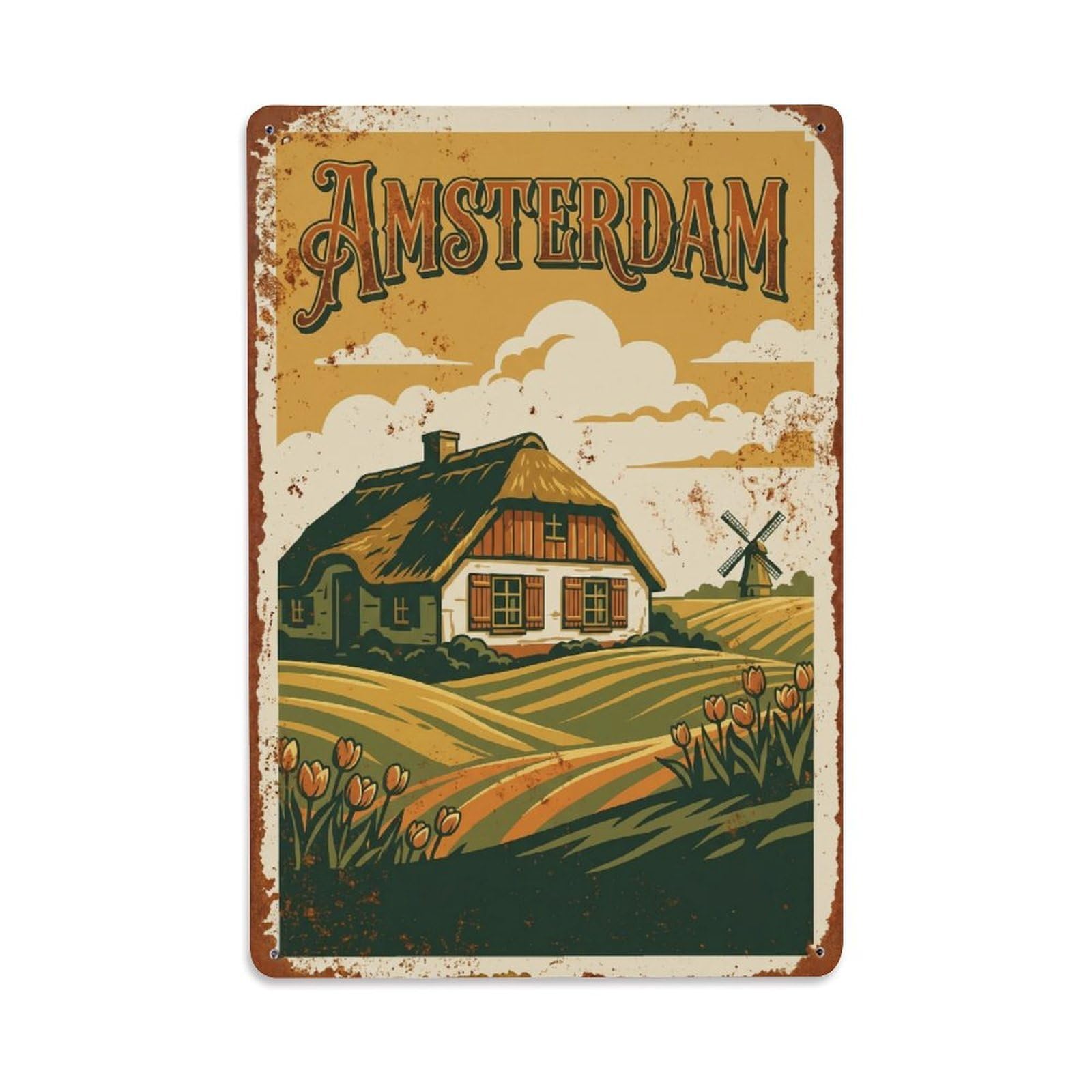 Okngb Style Rural Farmhouse Amsterdam Holland Vintage Country Route Metal Tin Sign Plaque Wall Decor For Cafe, Man Cave, Club Bar, Office, Home Garden Round Metal Poster 8X12inch