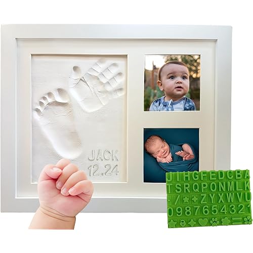 Baby Hand & Footprint Frame Keepsake Kit | Capture Milestone Moments with Safe Clay, Stencil Set & Wood Frame | Perfect Newborn Gift for Baby Showers | White