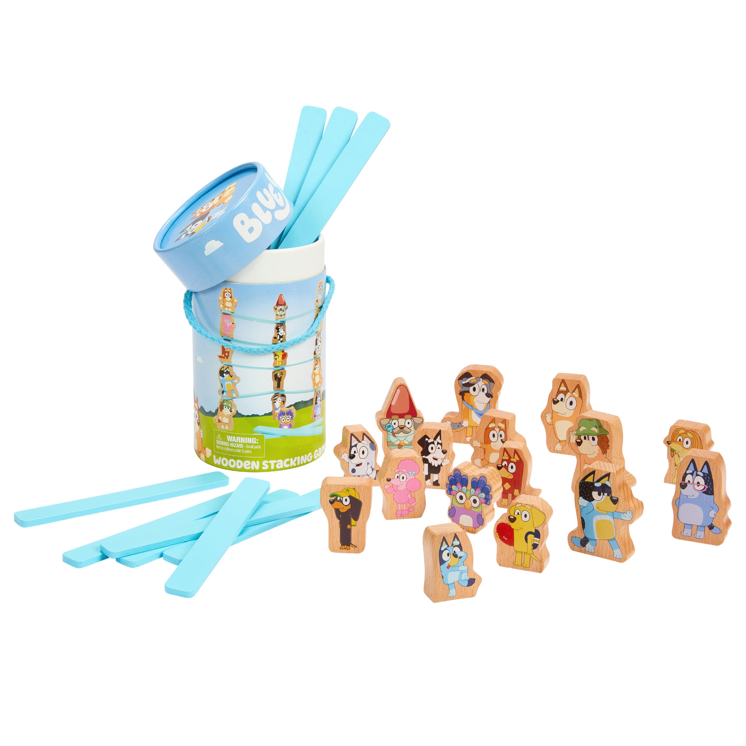 BLUEY – Wooden Stacking Game – 25 Build and Balance Pieces with Characters and Sticks in a Storage Tube – FSC Certified, Develops Hand-Eye Coordination & Motor Skills for Kids 3 Years and Up