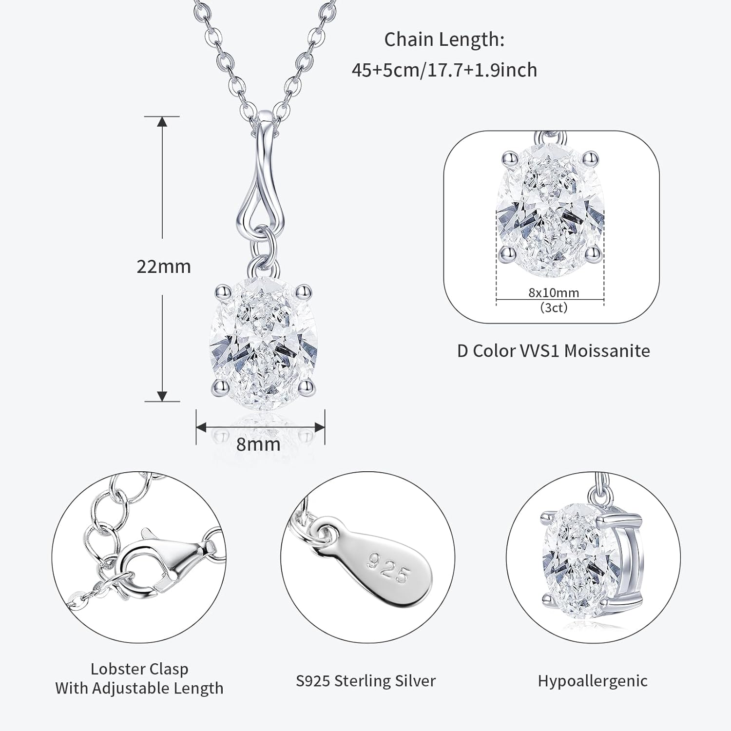 3CT Oval Moissanite Pendant Necklace, D Color 8X10mm Oval Cut Moissanite 925 Sterling Silver Bride Pendant for Women Wedding Birthday Gifts - Image 3